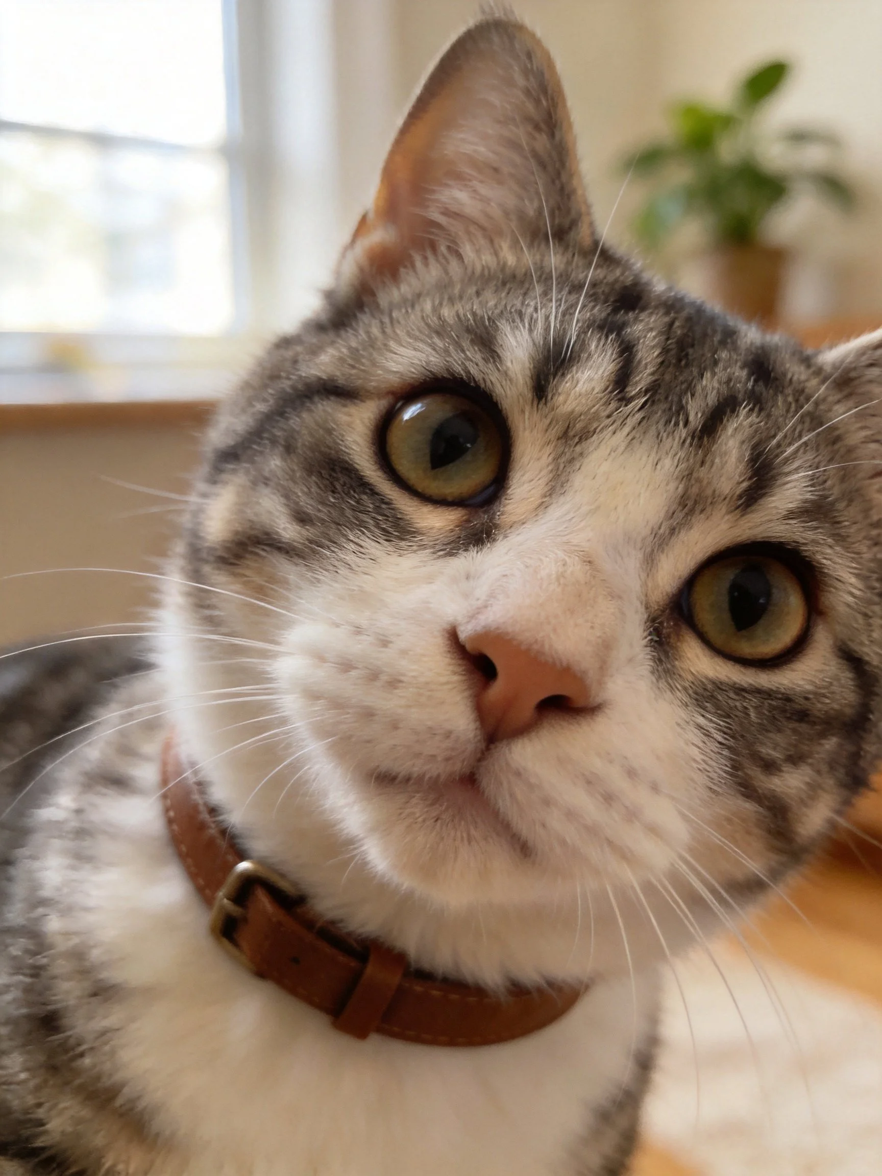 A close-up of a gray-and-white tabby cat with a brown collar