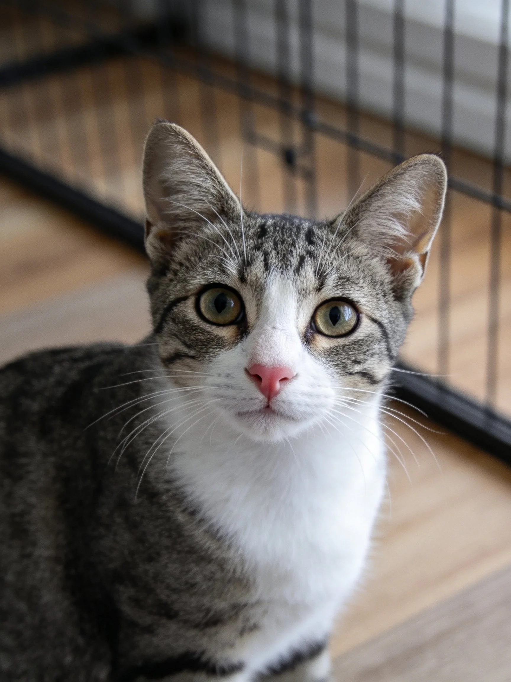 A gray and white tabby cat with large green eyes sits near a metal fence.