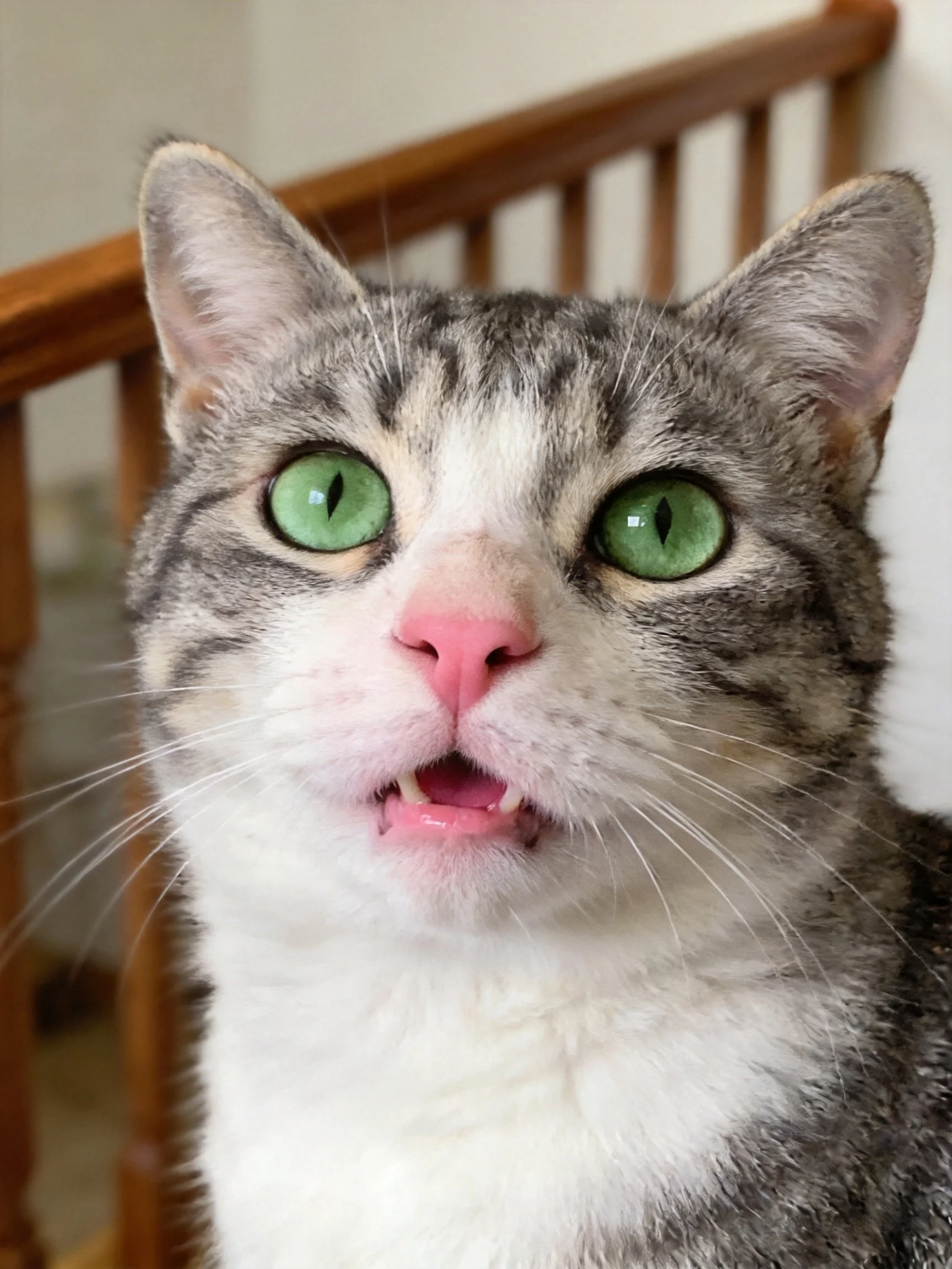A gray and white tabby cat with green eyes shows an open mouth.