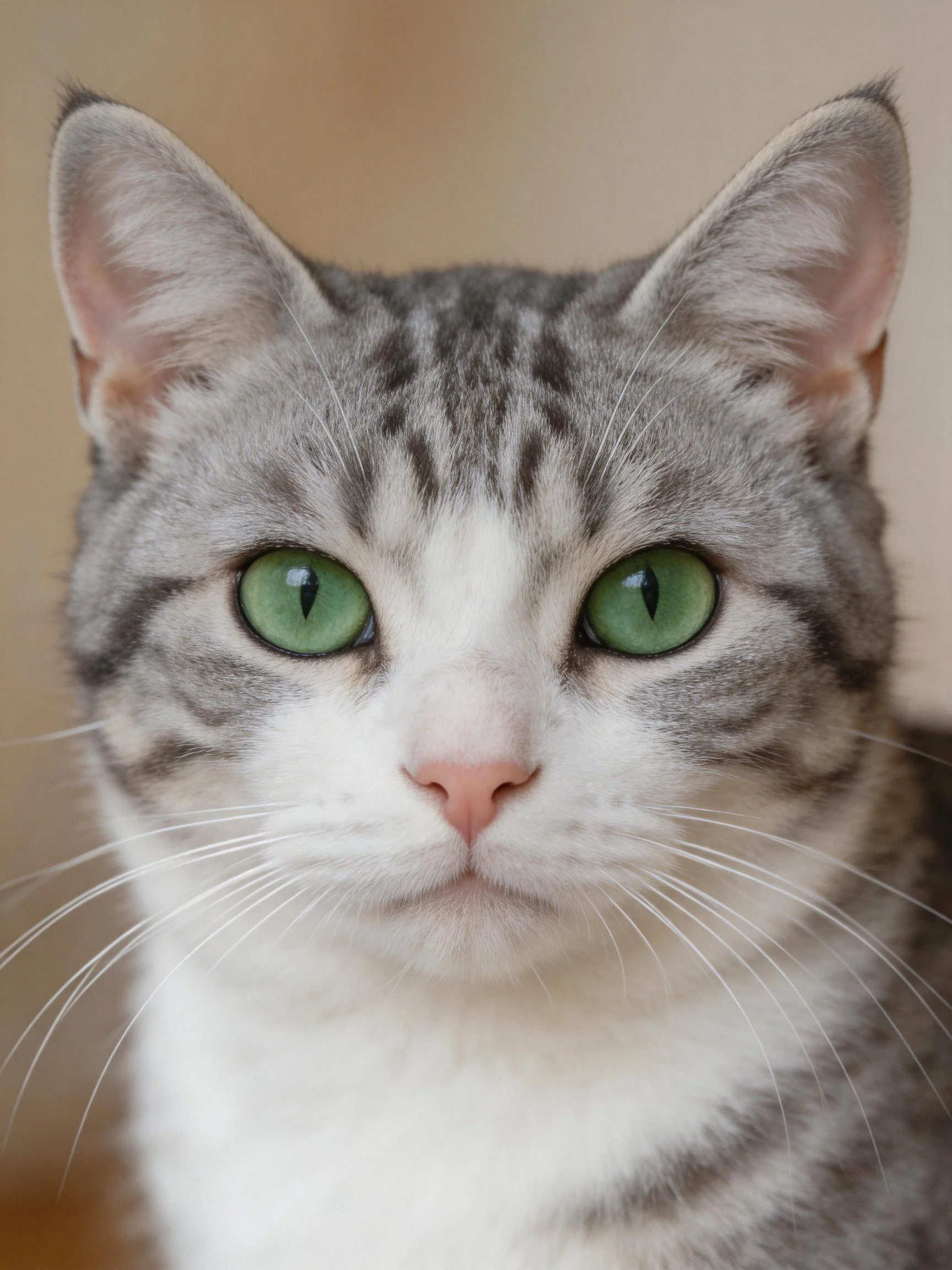 A gray and white tabby cat with striking green eyes looks directly at the viewer.