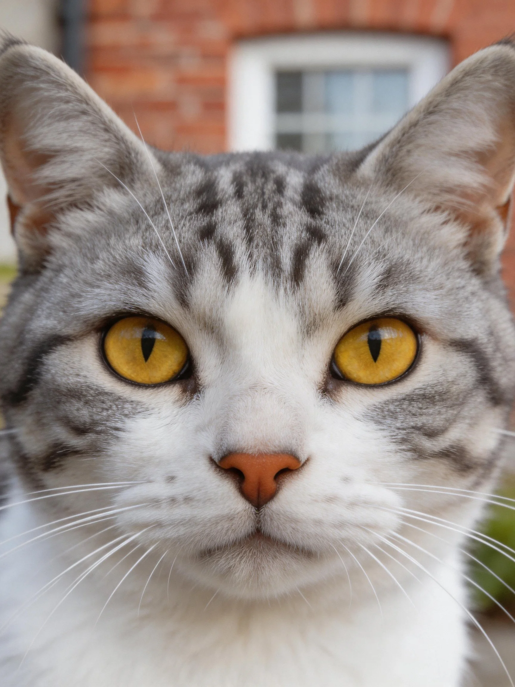 A close - up of a gray and white tabby cat with vivid yellow eyes near a brick building.