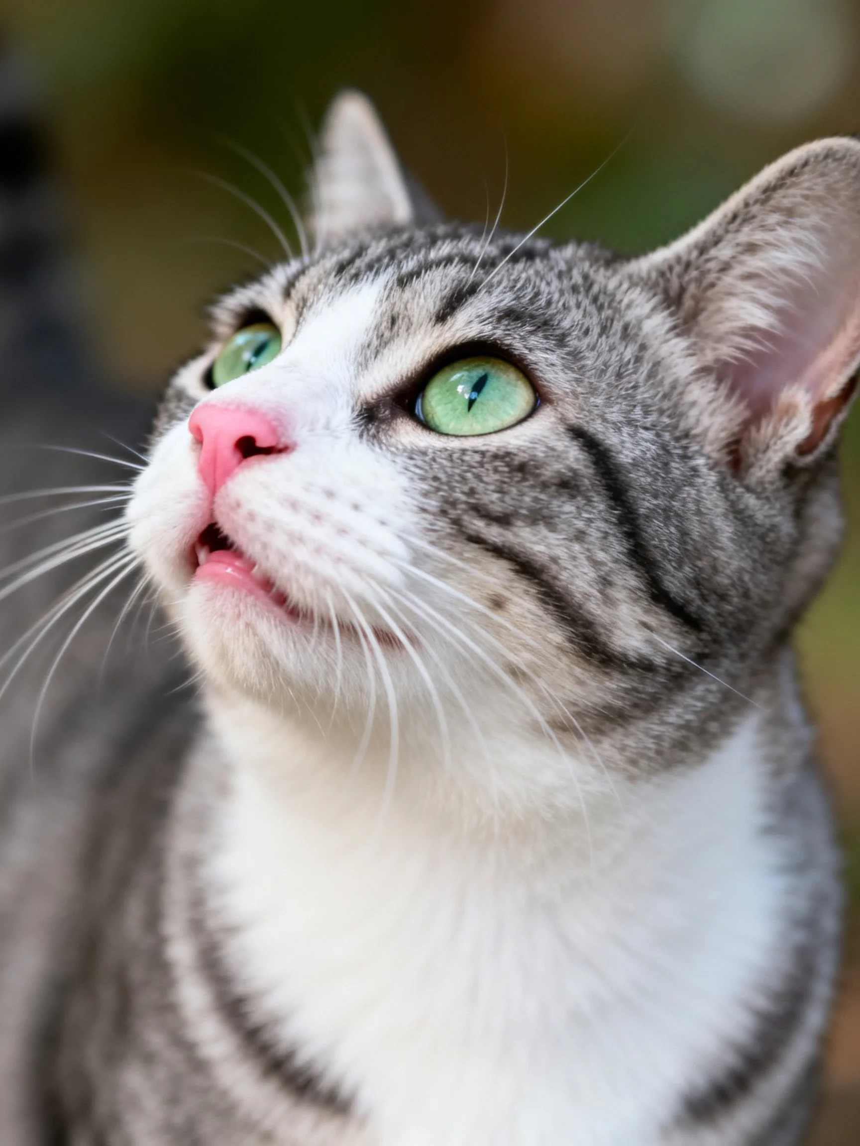 A gray and white tabby cat gazes upward with striking green eyes.