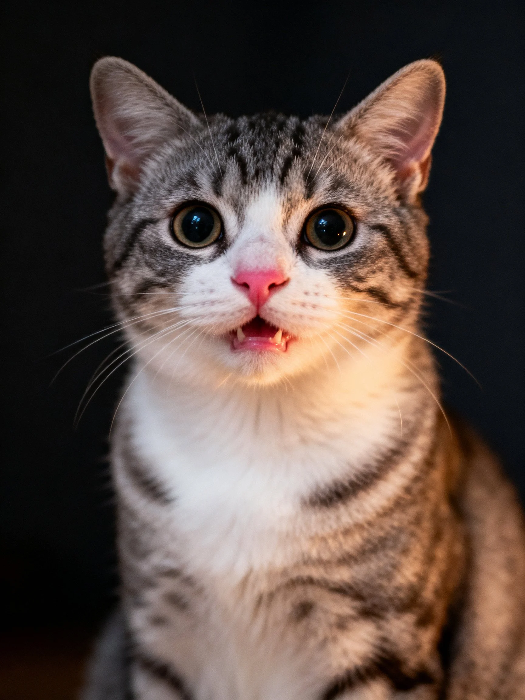 A gray and white tabby cat looks directly at the camera with an open mouth.
