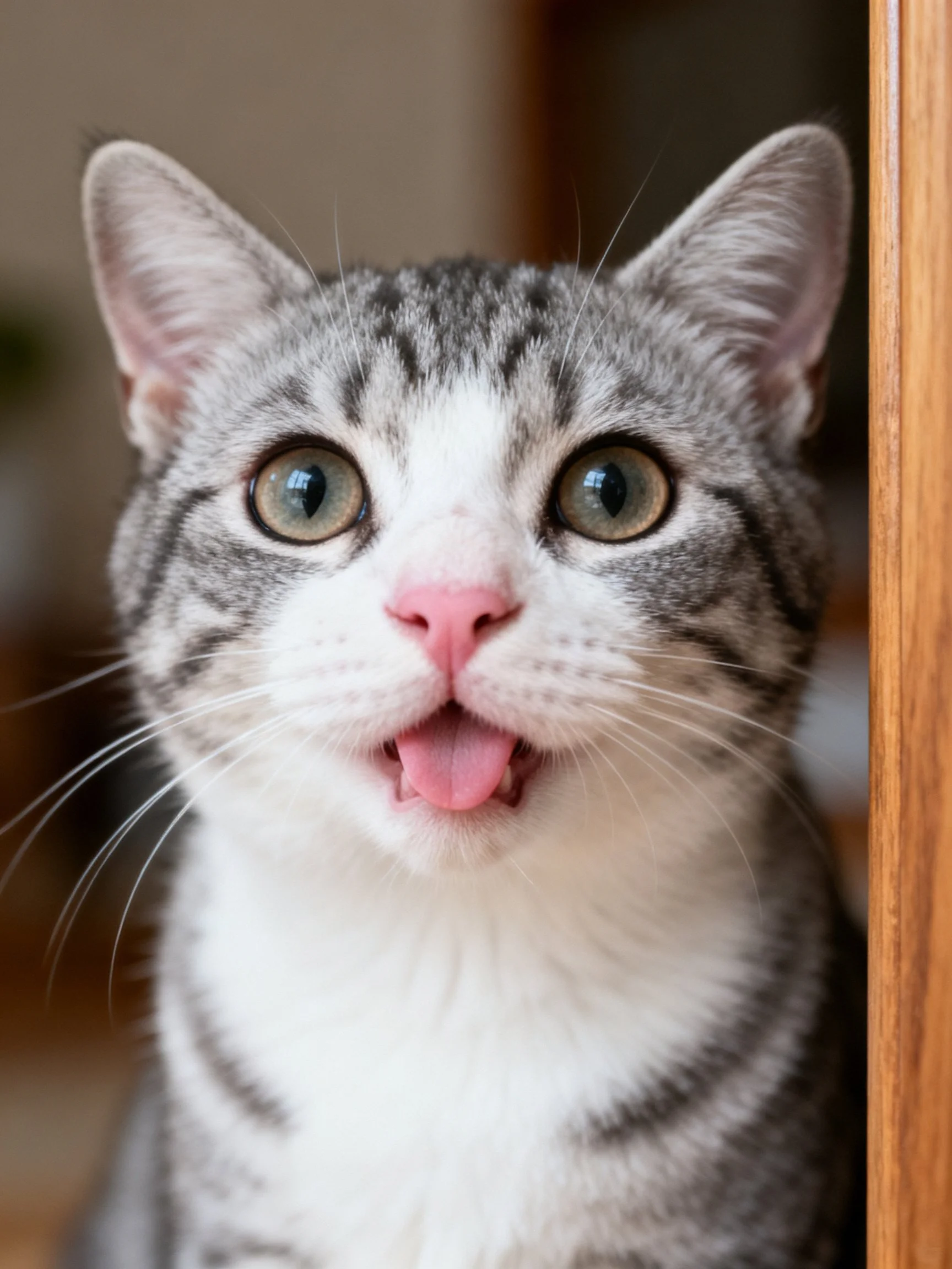 A gray and white tabby cat with wide green eyes shows curiosity near a wooden structure.