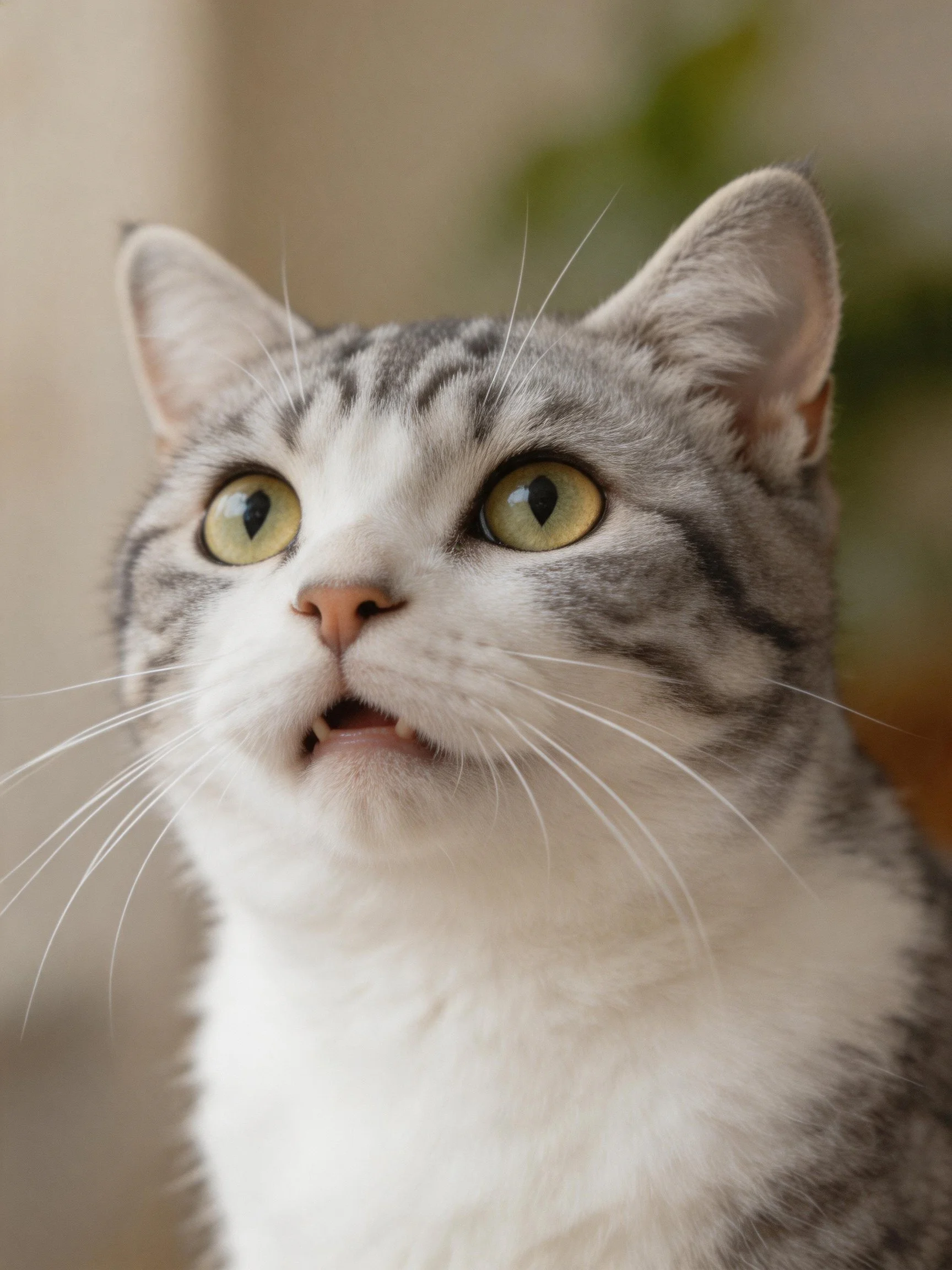 A gray and white tabby cat looks upward with wide eyes.