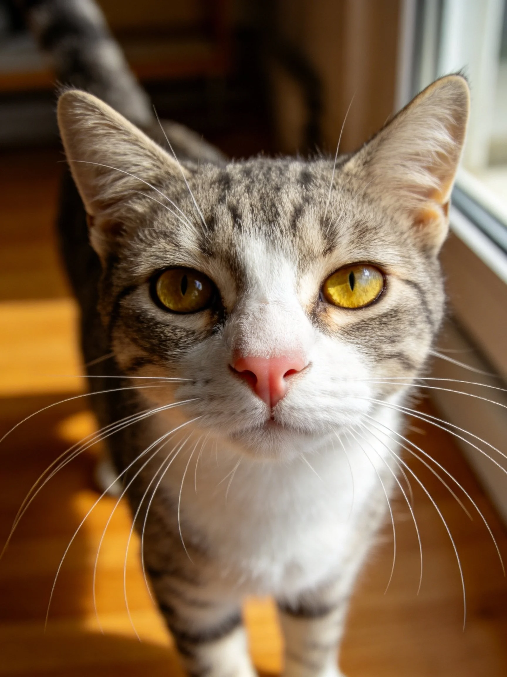 A close - up of a gray and white tabby cat with yellow eyes near a window.
