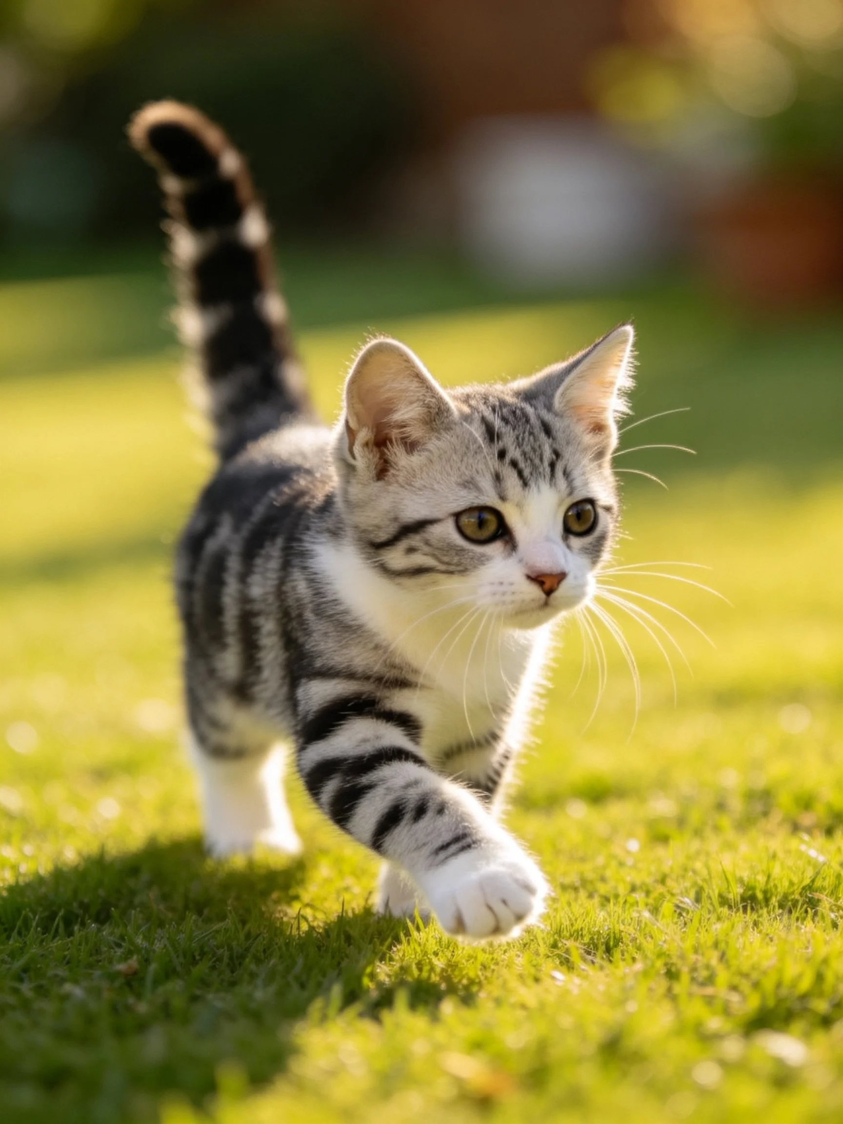 A young tabby kitten explores a sunlit grassy area.