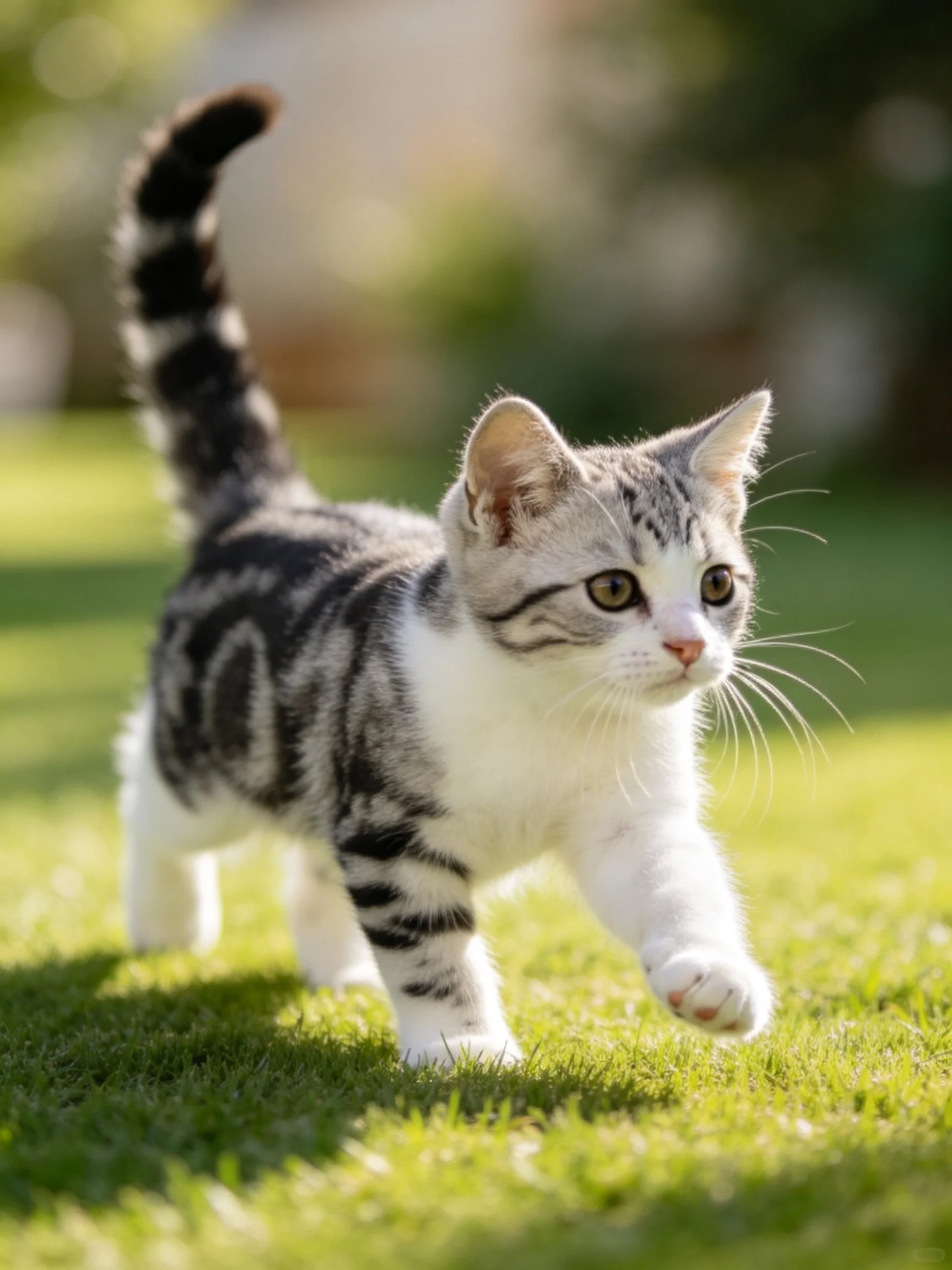 A gray and white tabby kitten walks through a sunlit grassy area.