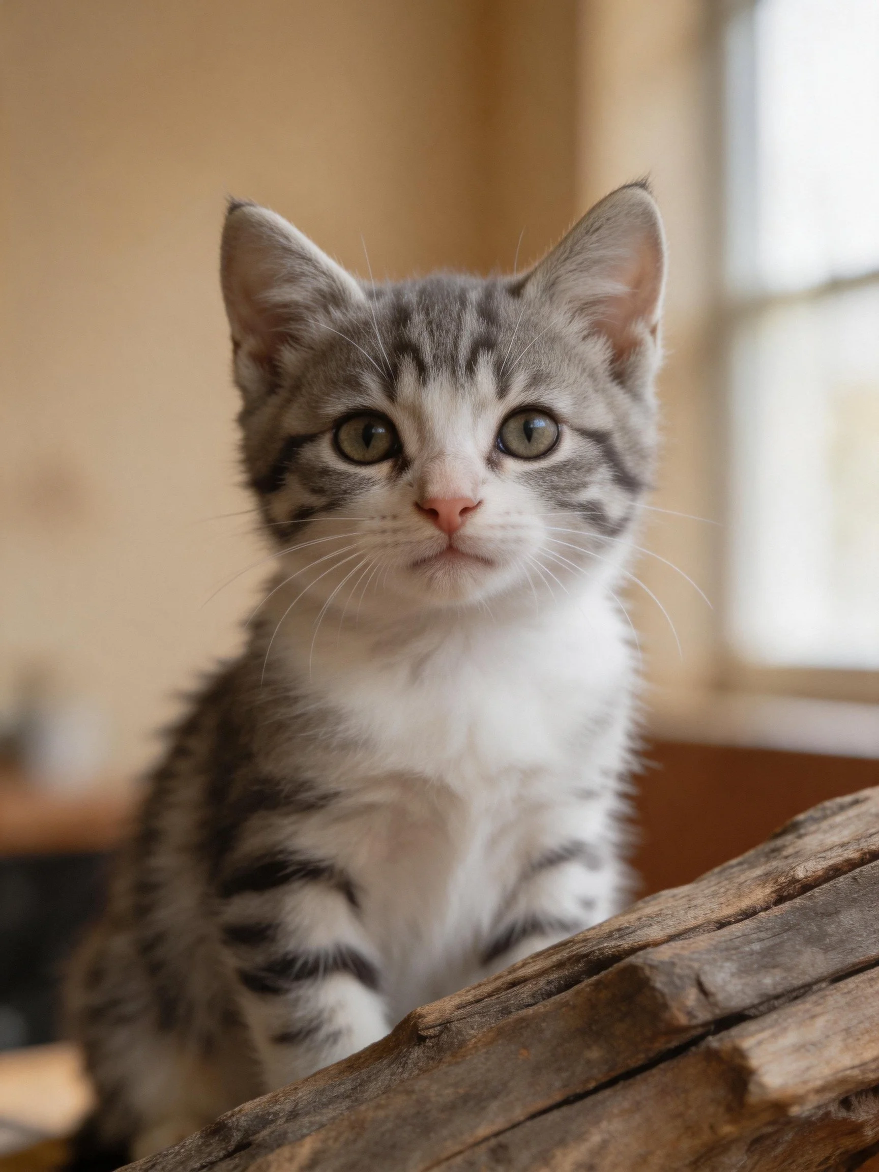 A gray and white tabby kitten sits near a wooden structure indoors.