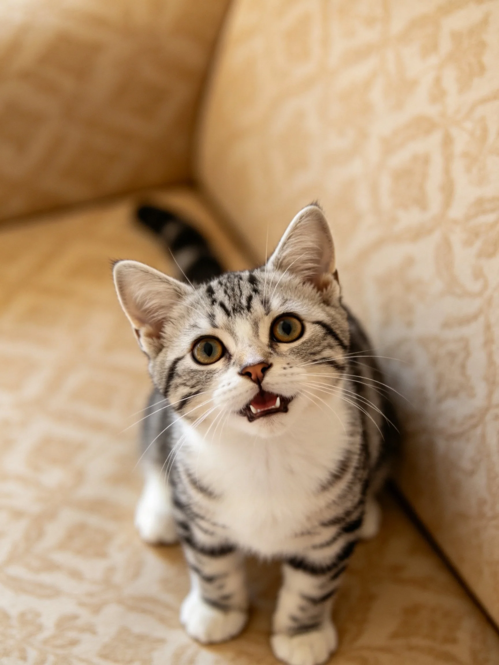 A gray and white tabby kitten looks up from a patterned sofa
