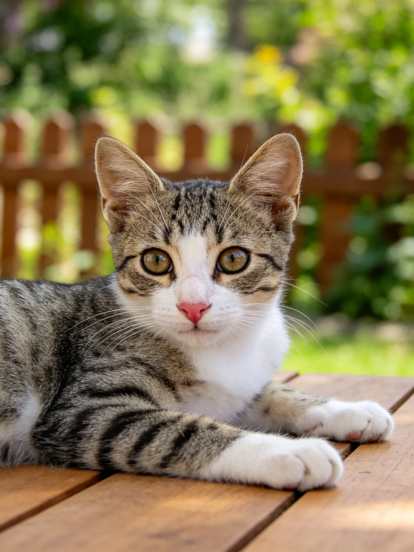 Agray and white tabby kitten relaxes on a wooden table in an outdoor setting.
