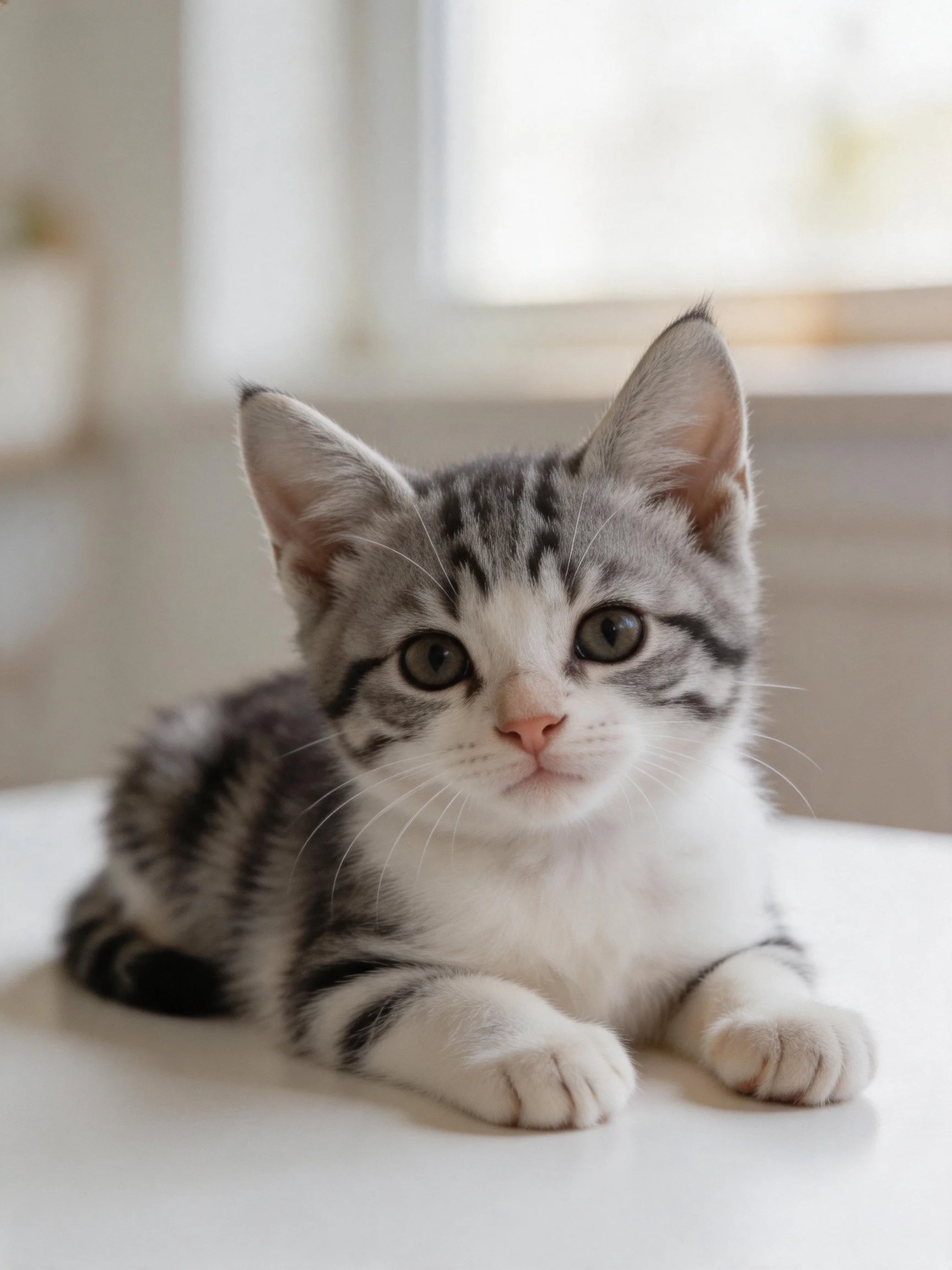 A gray and white tabby kitten sits calmly near a bright indoor window