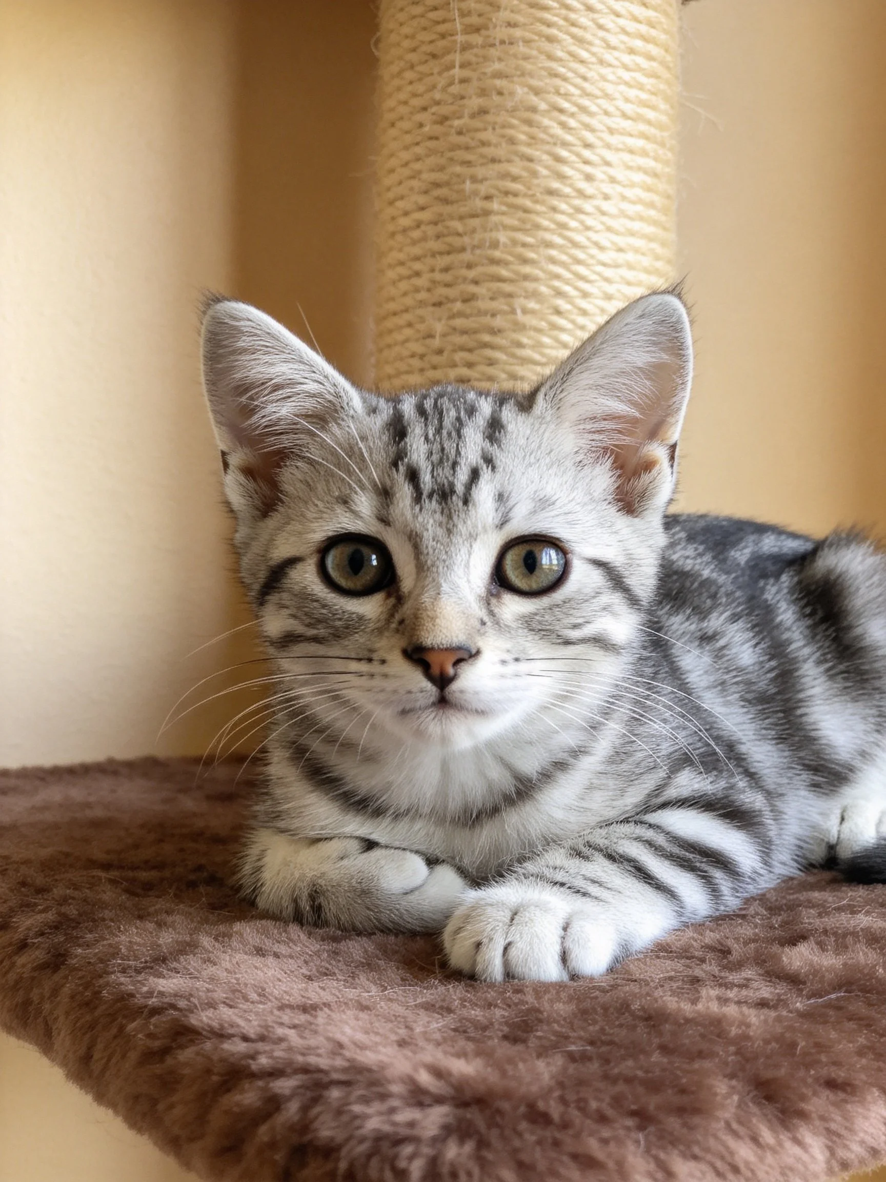 A gray and white tabby kitten relaxes on a brown cushion near a scratching post
