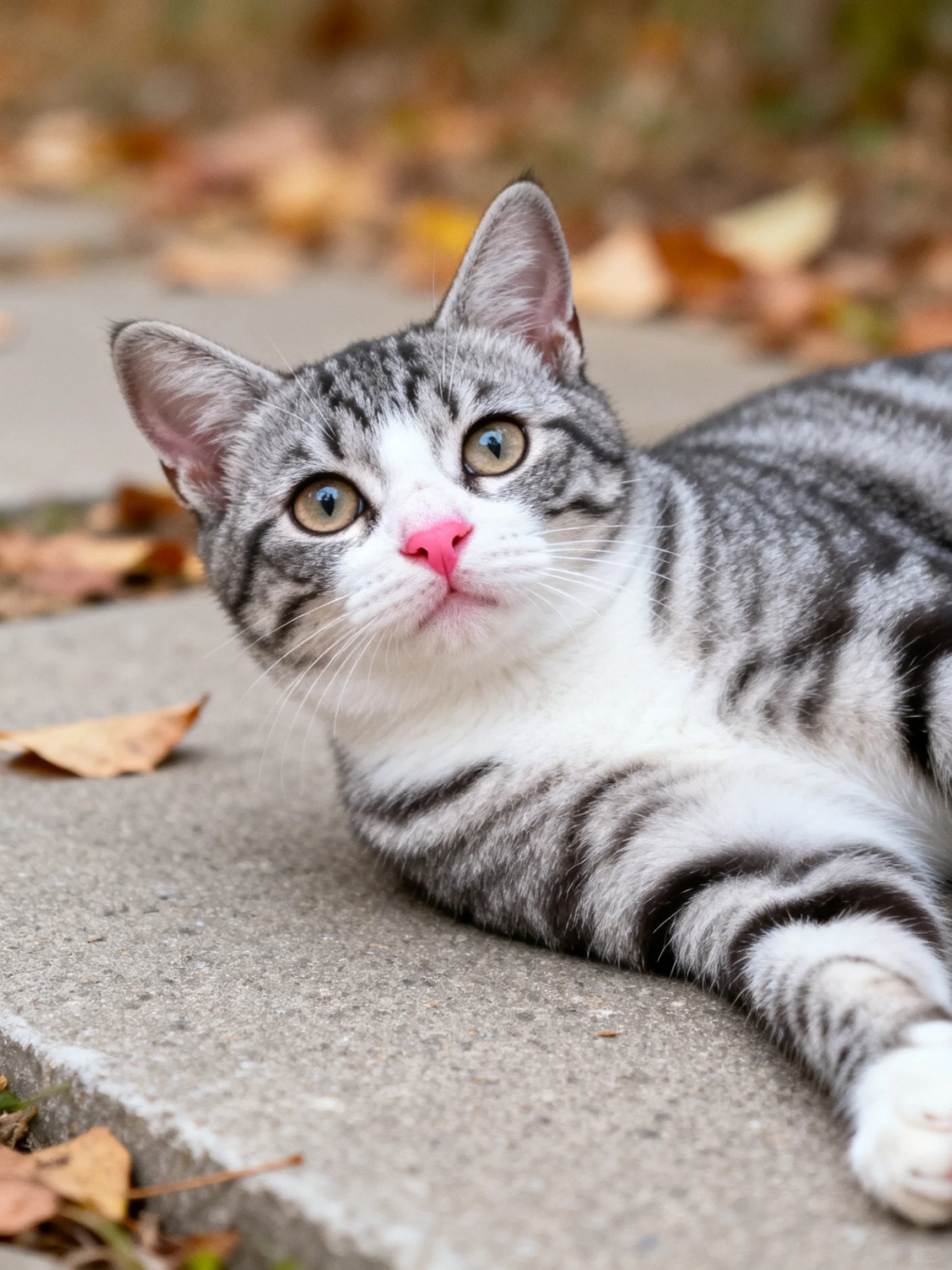 A gray and white tabby kitten rests on a concrete path among scattered autumn leaves