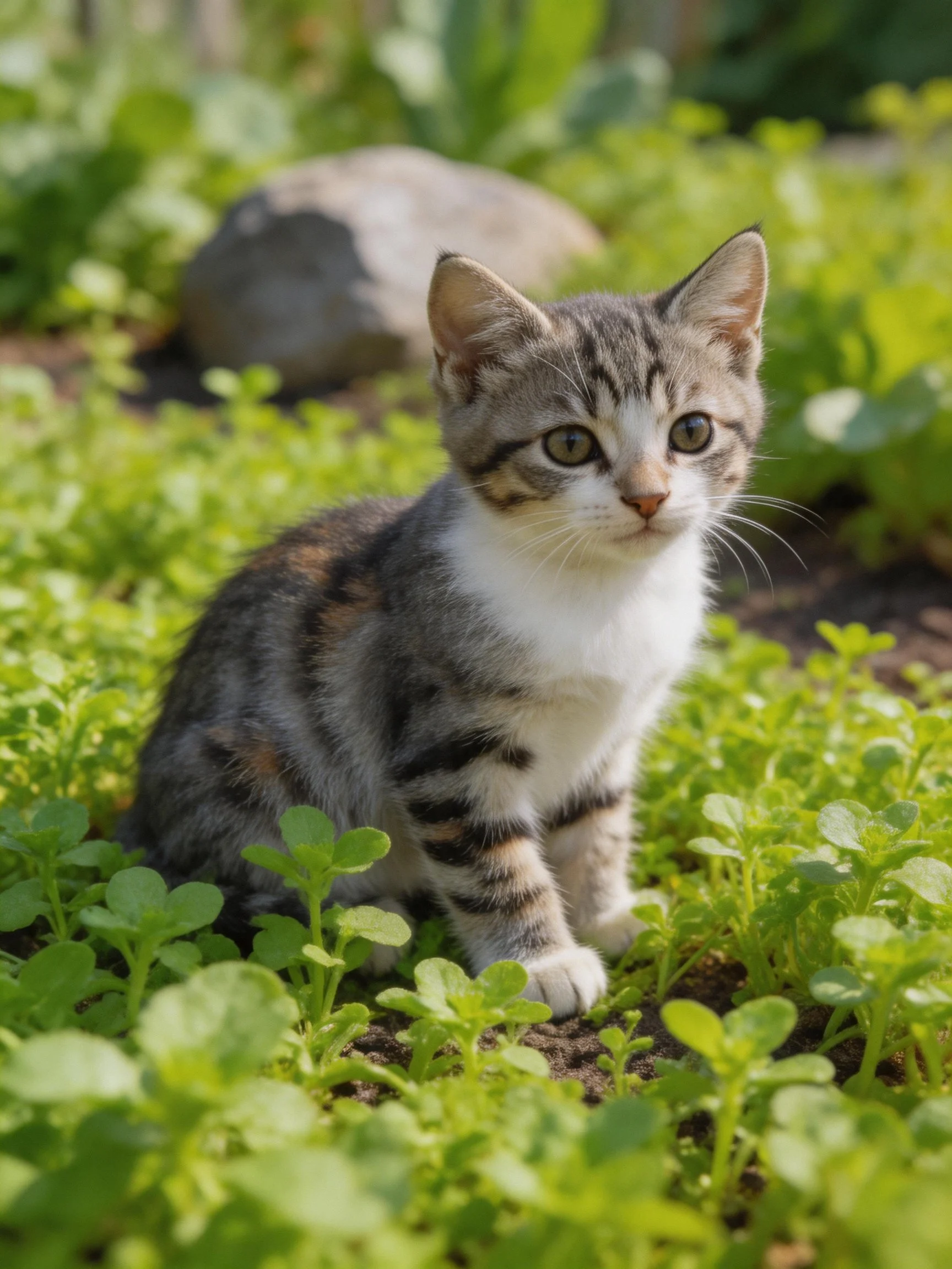 A small tabby kitten rests in a sunlit garden surrounded by dense greenery.