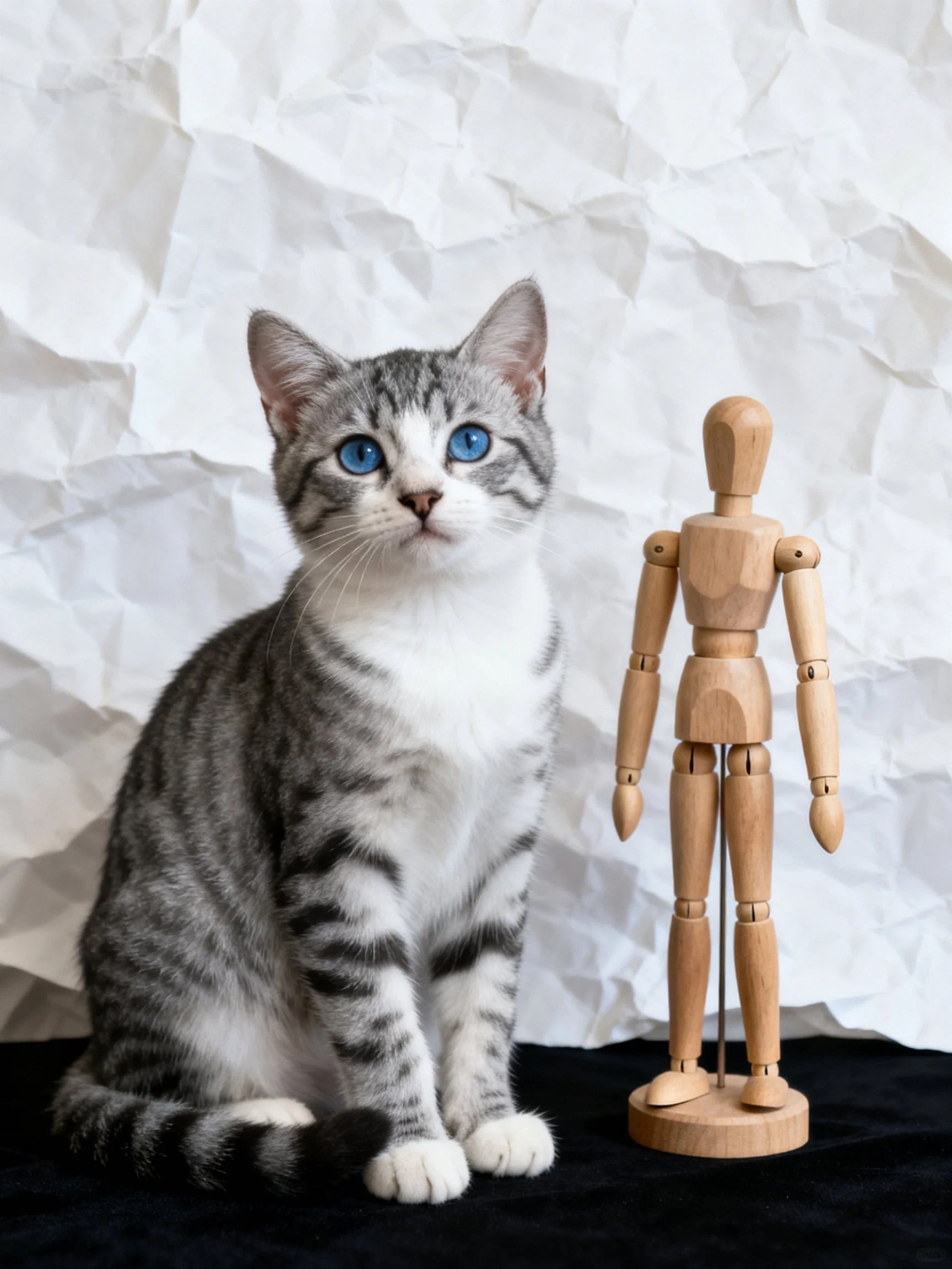 A gray and white tabby kitten sits next to a wooden artists mannequin with a crumpled paper backdrop.