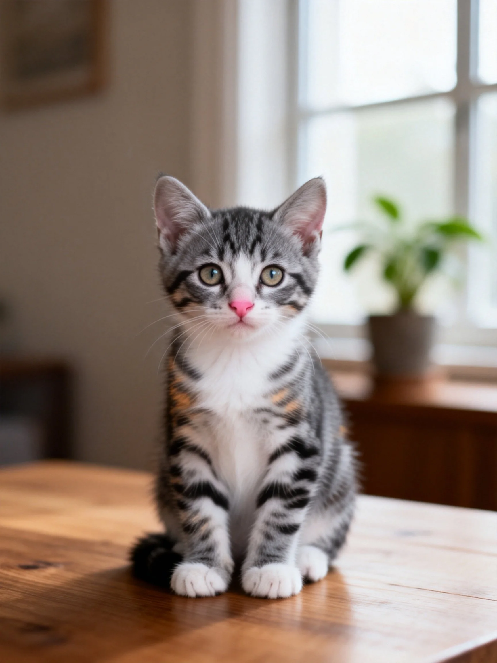 A gray and white tabby kitten sits calmly on a wooden table in a sunlit room.