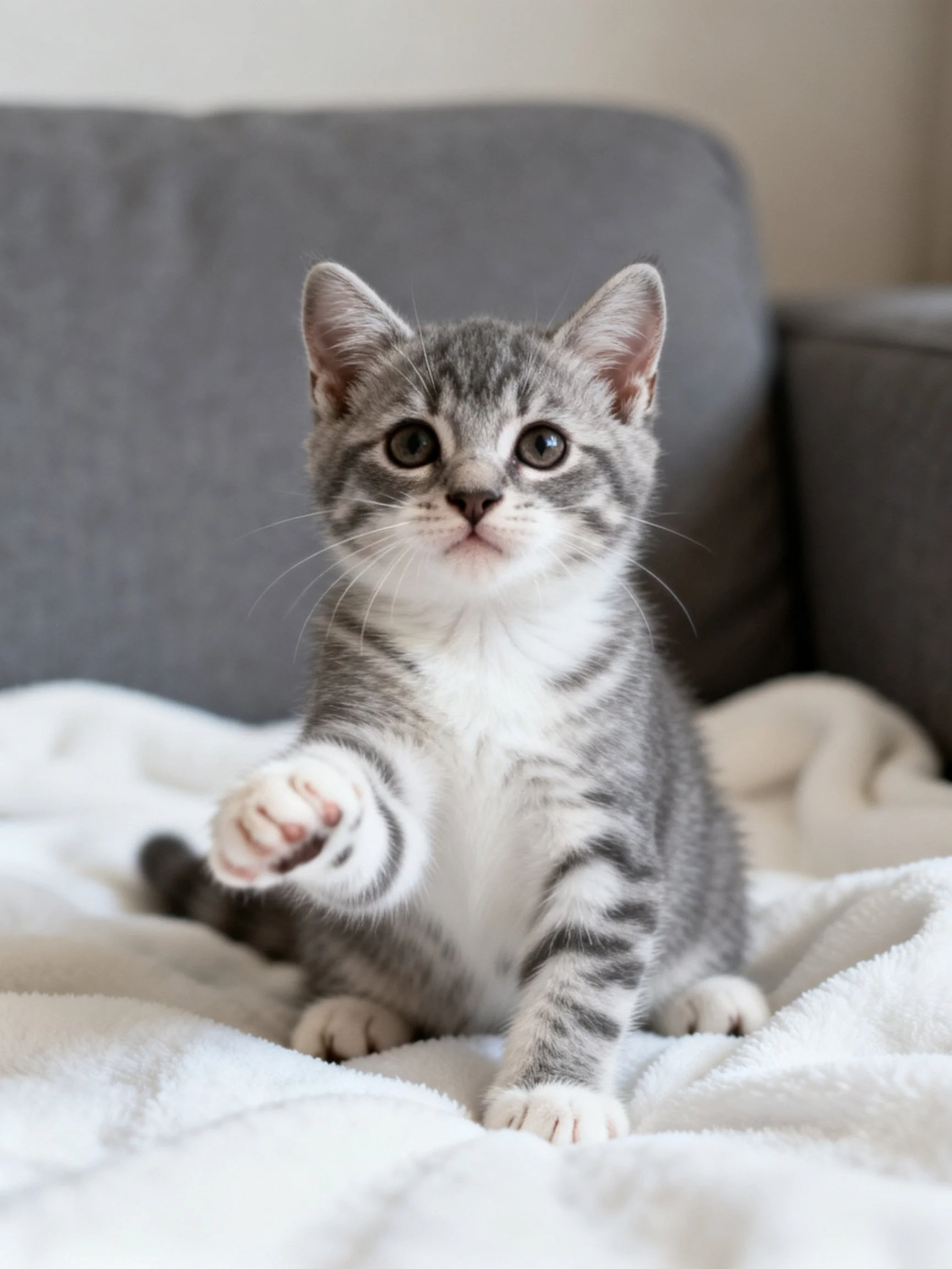 A gray and white tabby kitten sits calmly on a white blanket near a gray couch