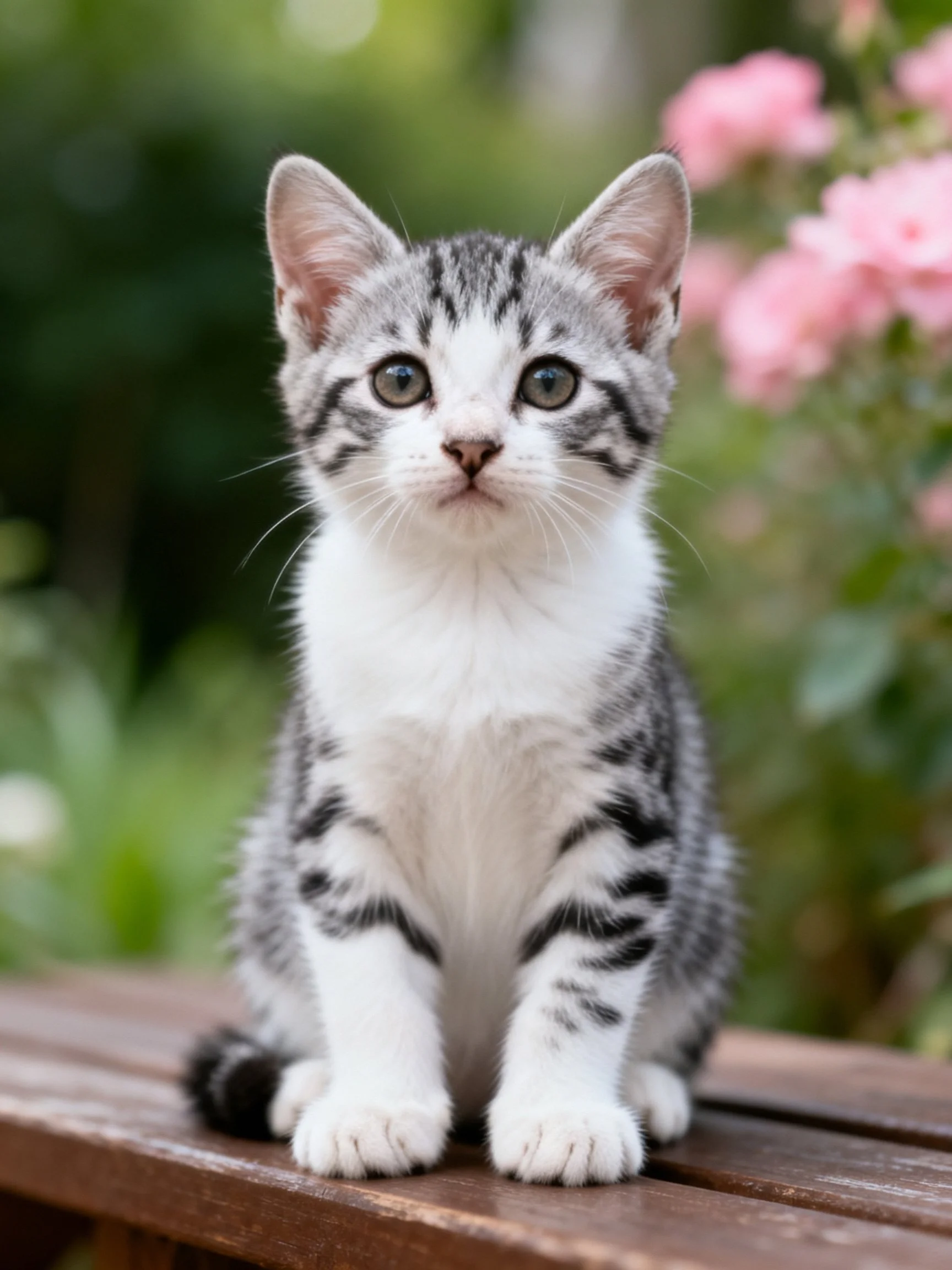 A gray and white tabby kitten sits on a wooden bench near pink flowers.
