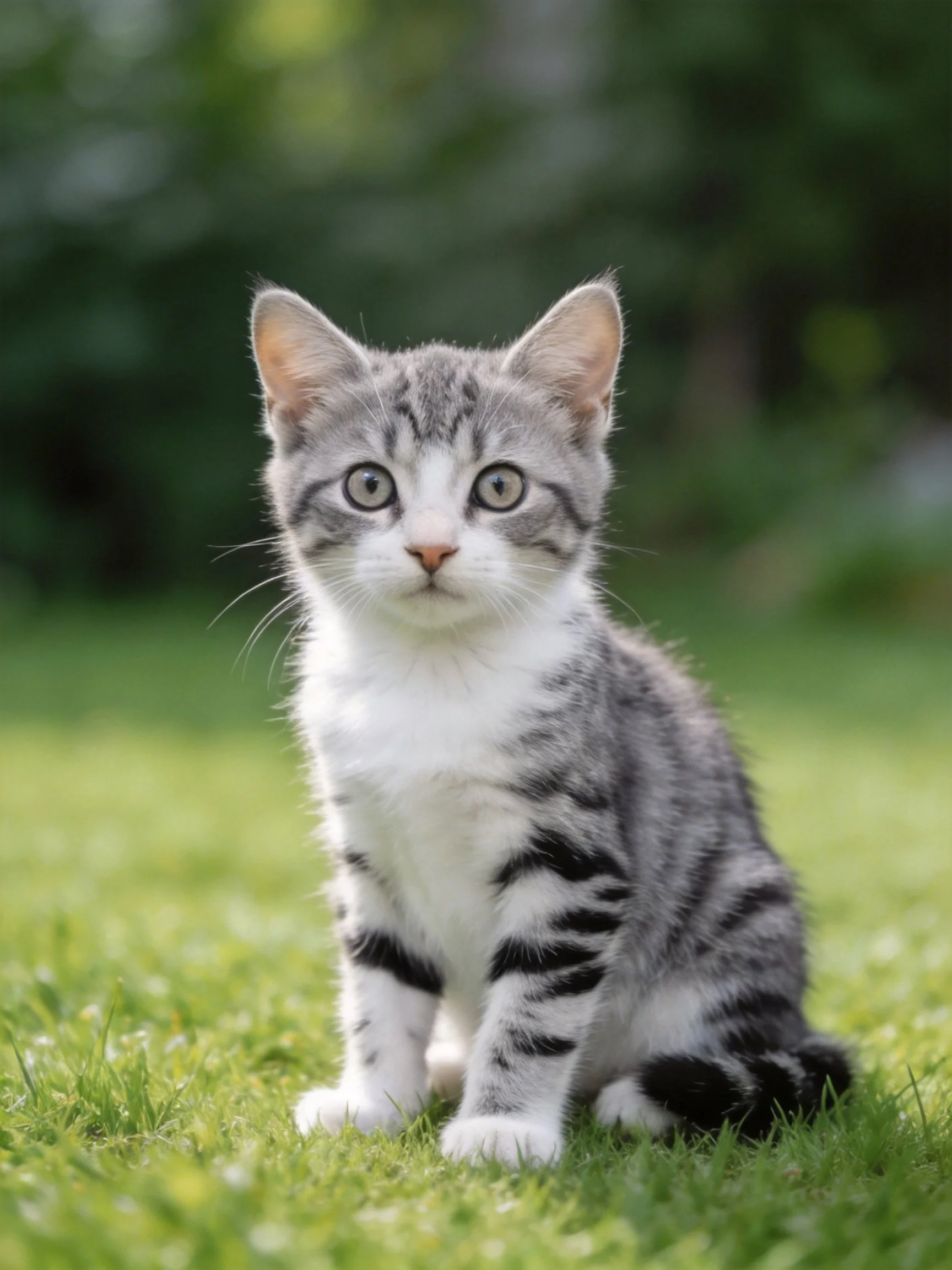 A gray and white tabby kitten sits on green grass.