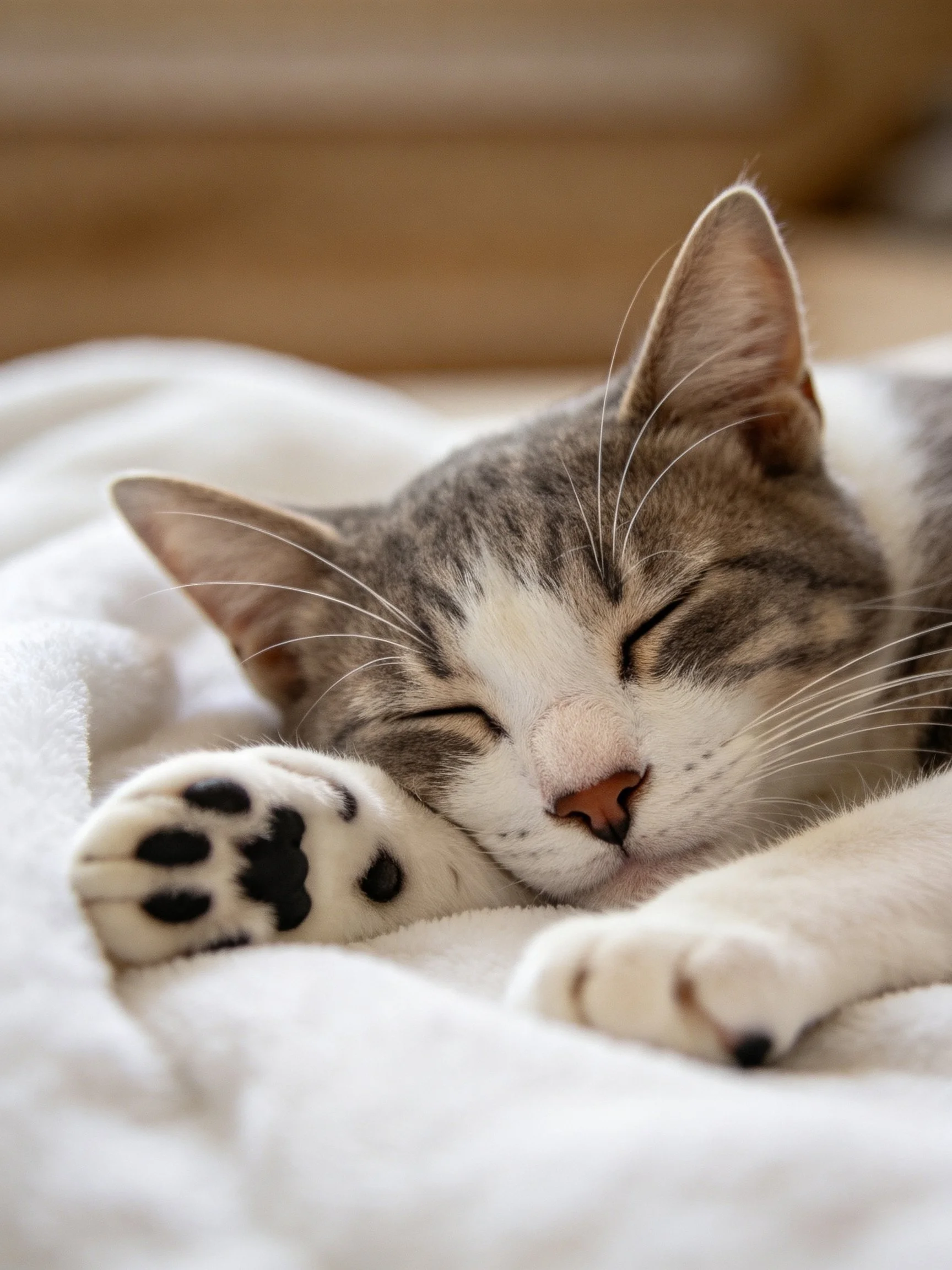 A gray and white tabby kitten sleeps contentedly on a white blanket.