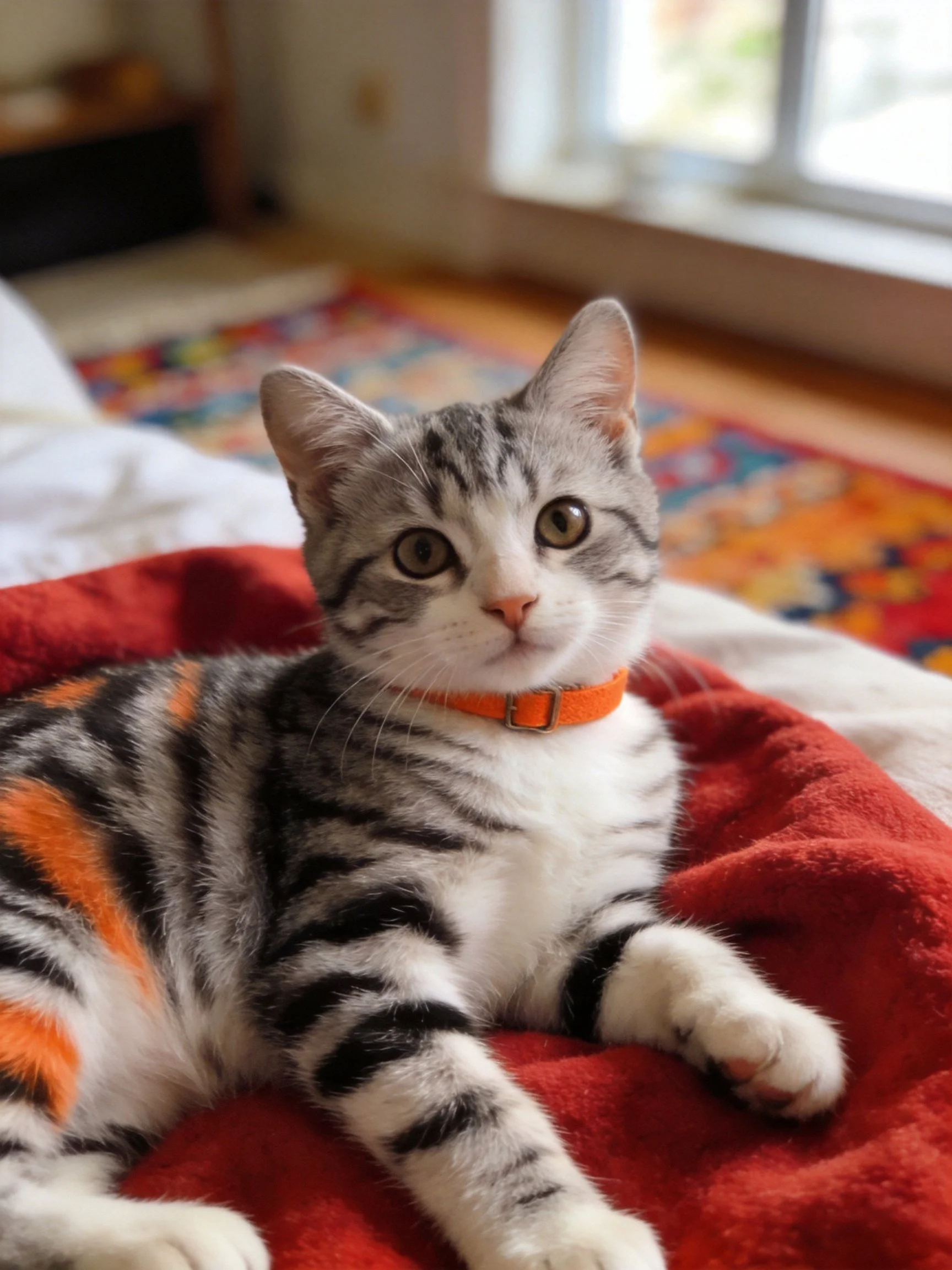 A gray and white tabby kitten with an orange collar lies on a red blanket