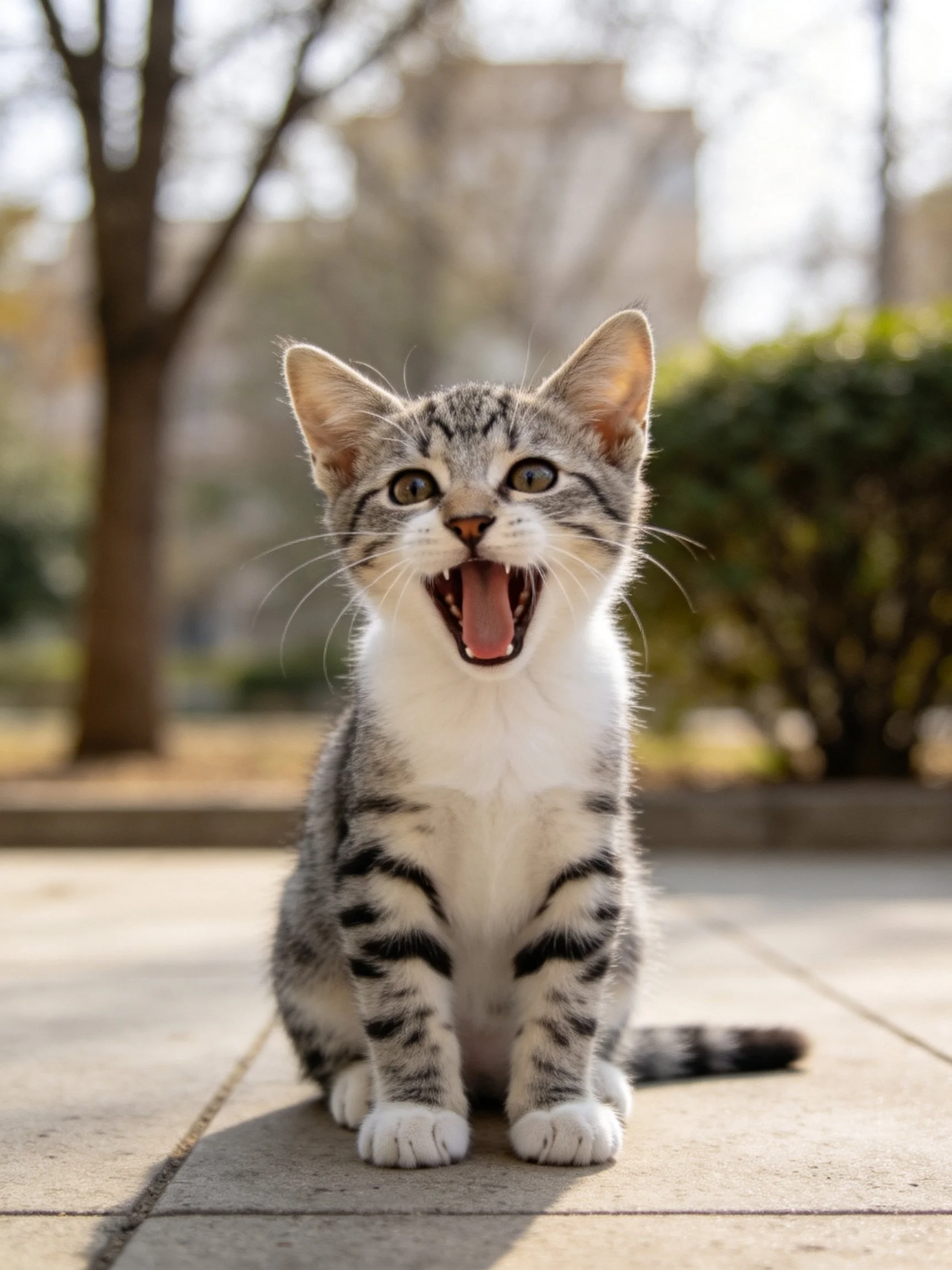 A gray and white tabby kitten yawns while sitting on an outdoor paved surface.