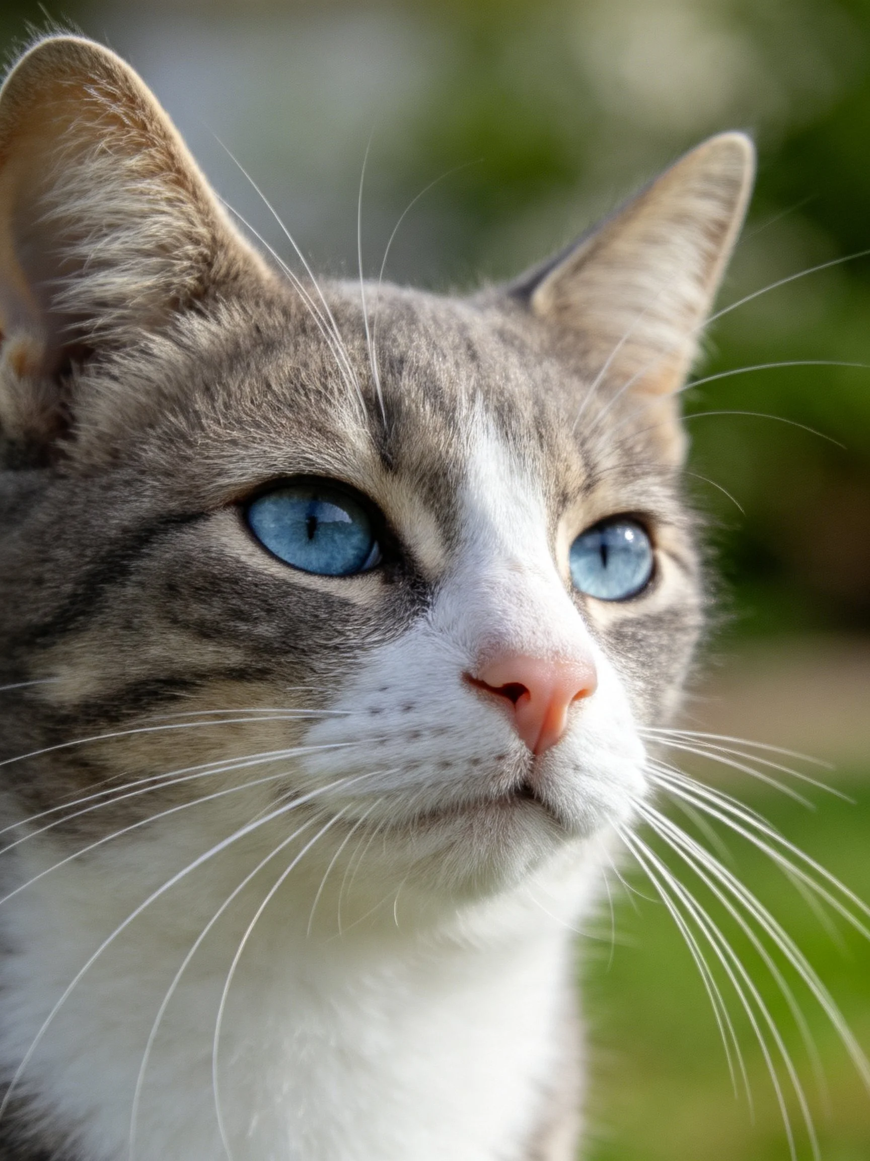 A gray and whitecat with striking blue eyes in a sunlit outdoor setting
