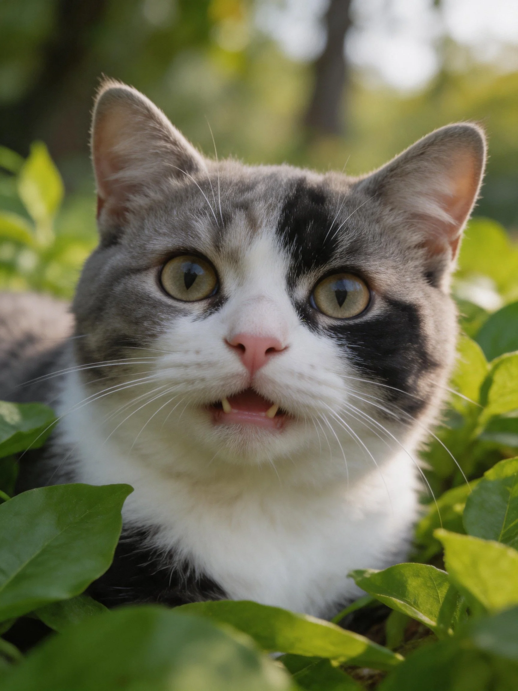 A gray, black, and white cat sits among greenery with wide eyes.