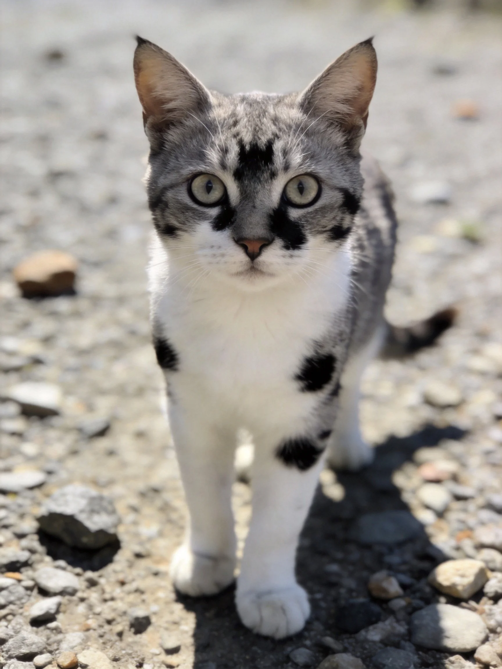 A gray, black, and white spotted kitten stands on a gravel path