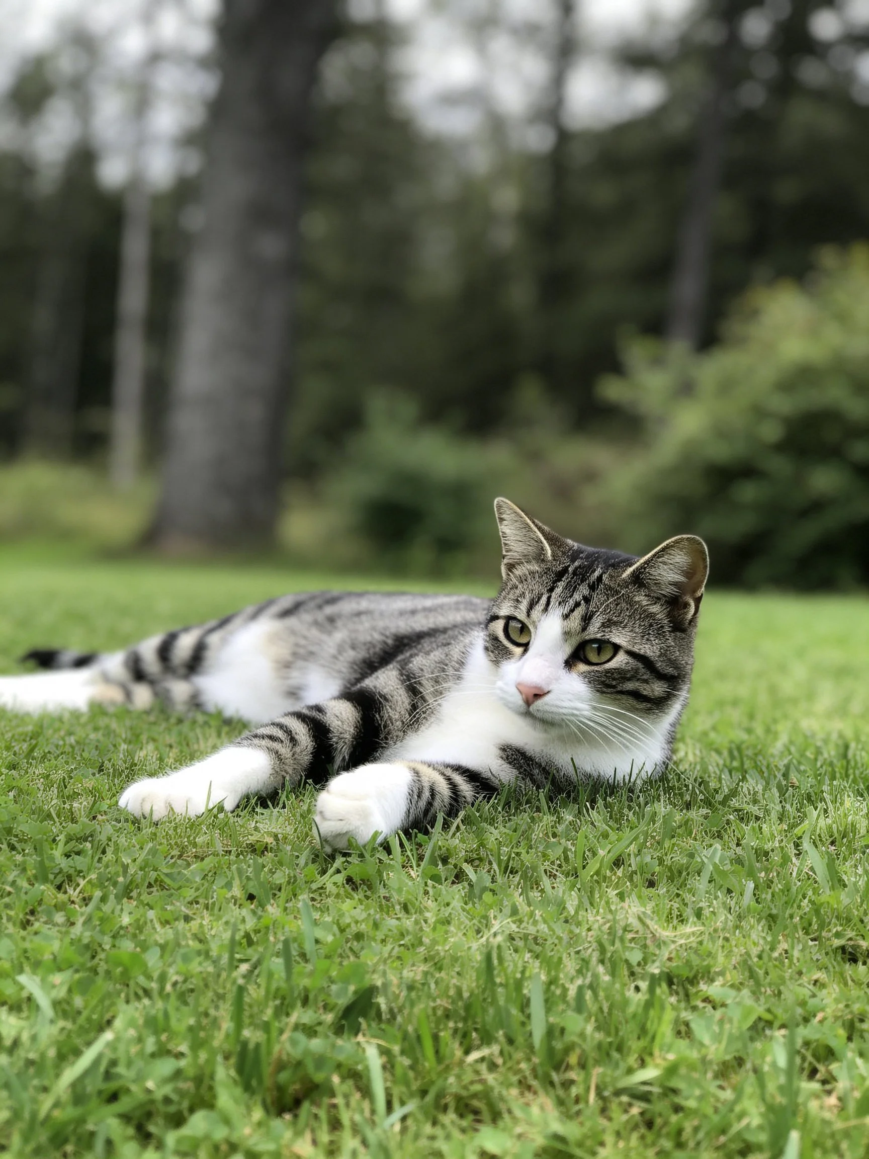 A tabby cat with mixed gray, black, and white fur relaxes on green grass outdoors.