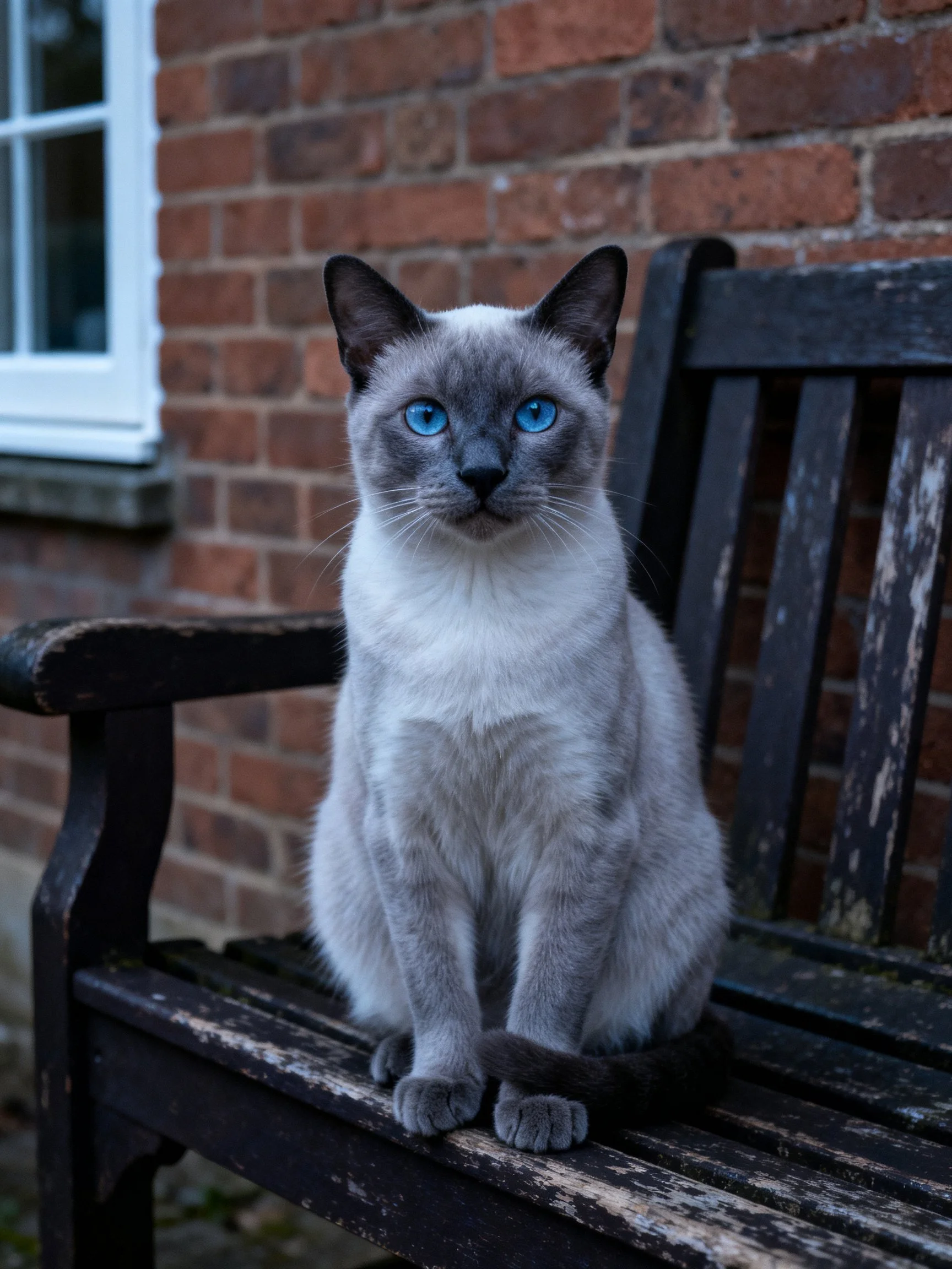 A gray-blue Siamese cat sits on an aged black bench by a brick wall
