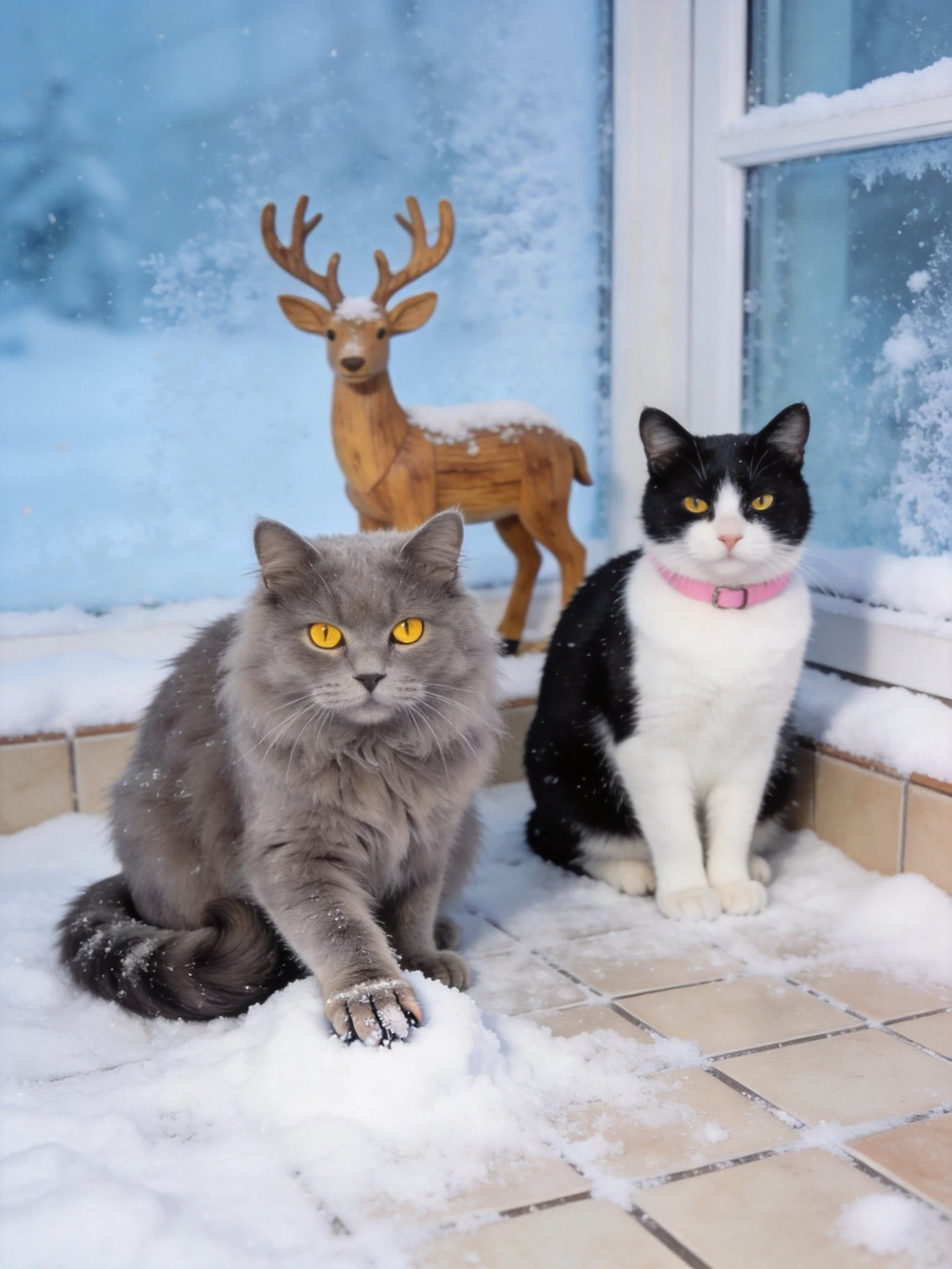 Two cats sit near a wooden deer figurine in a snowy setting.
