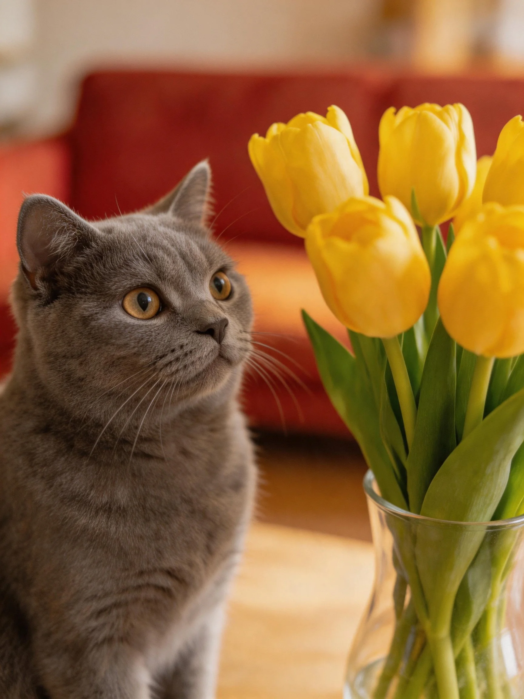 A gray cat curiously looks at yellow tulips near a red couch
