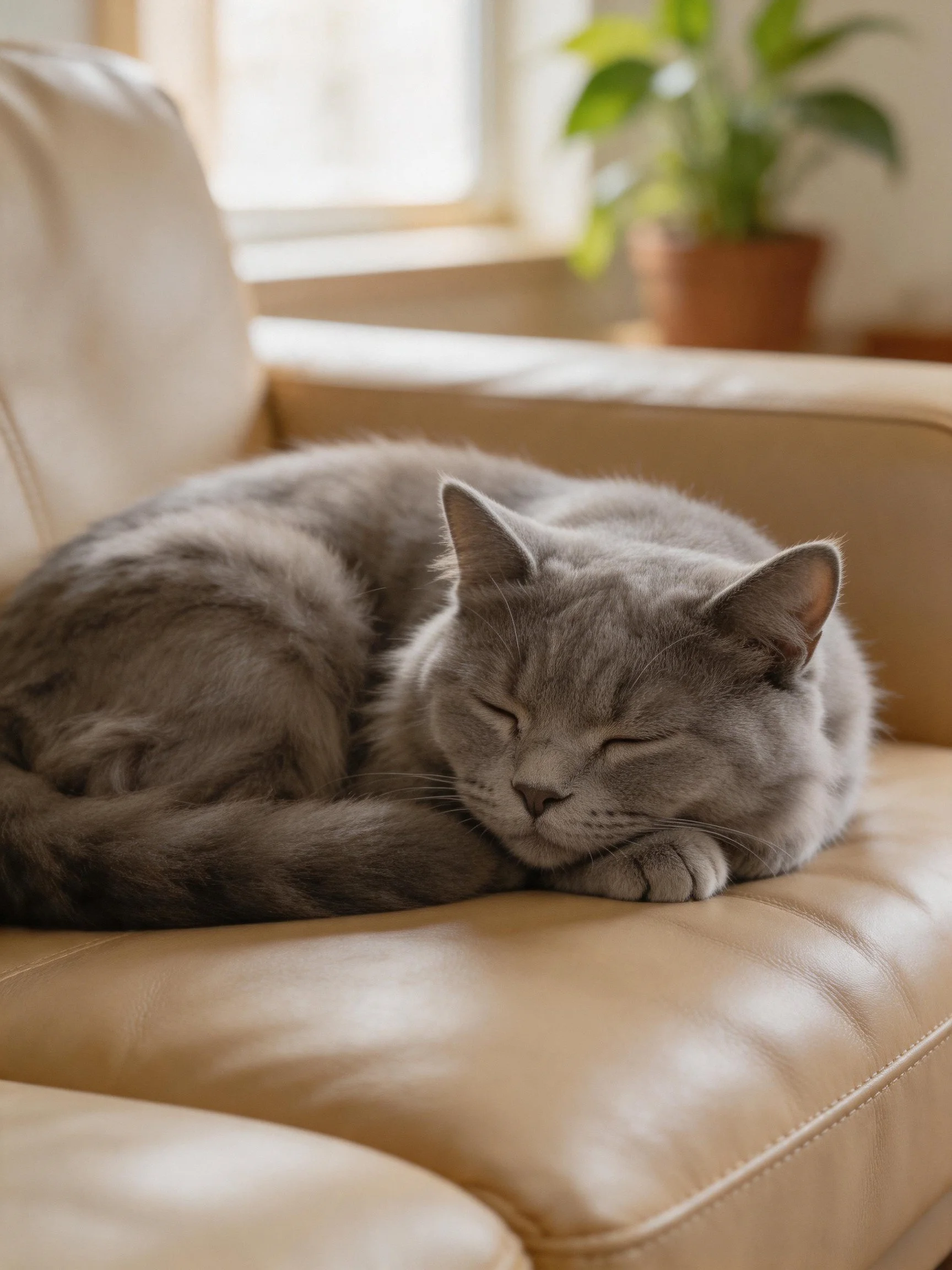 A gray cat curled asleep on a beige leather chair