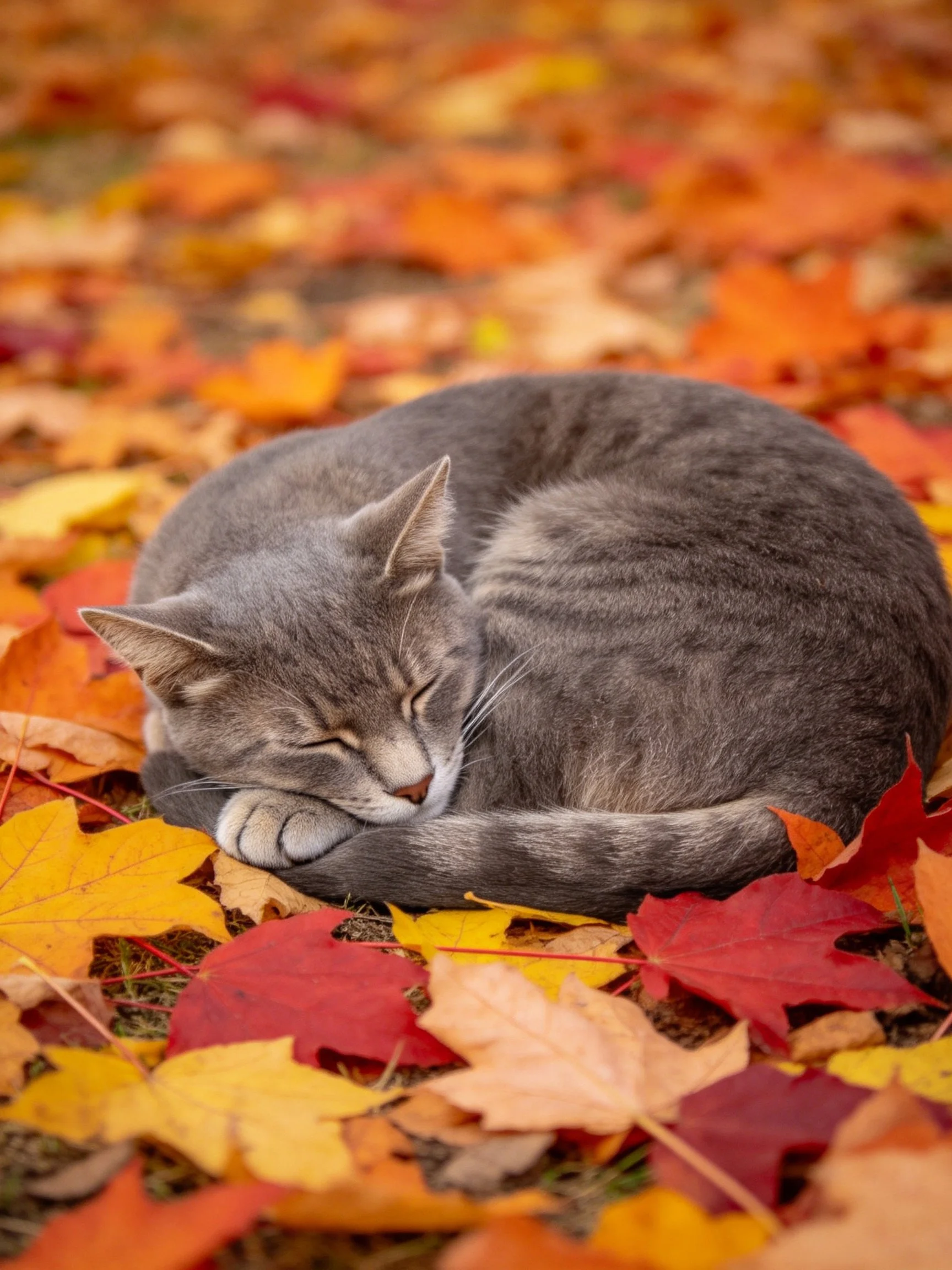 A gray cat curled up on vibrant fall foliage
