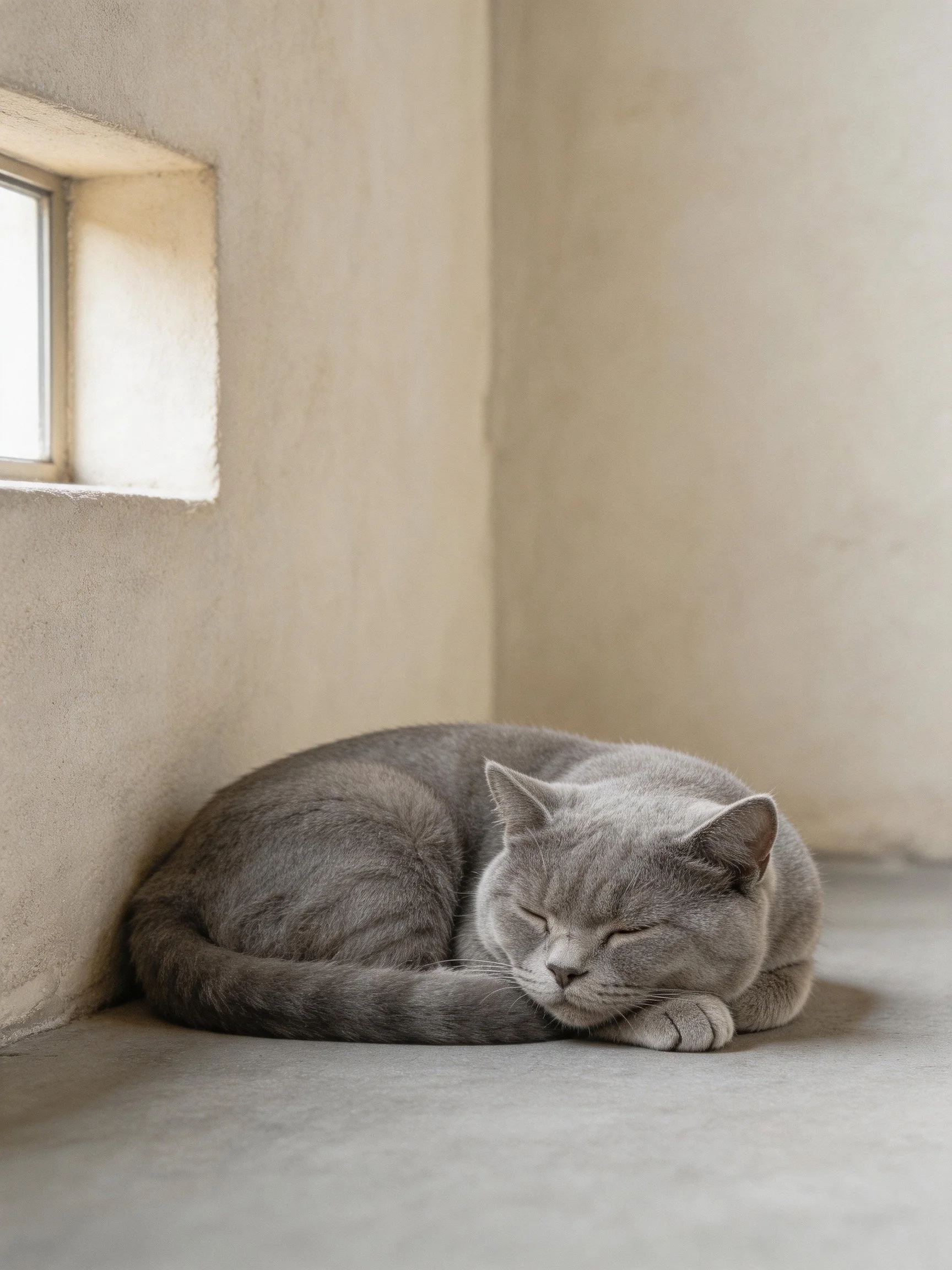 A gray cat curled up sleeping near a small window