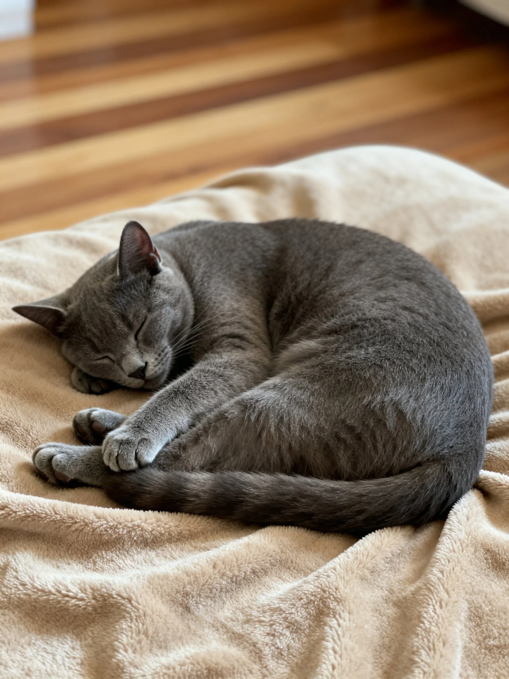 A gray cat curled up sleeping on a beige blanket near wooden flooring