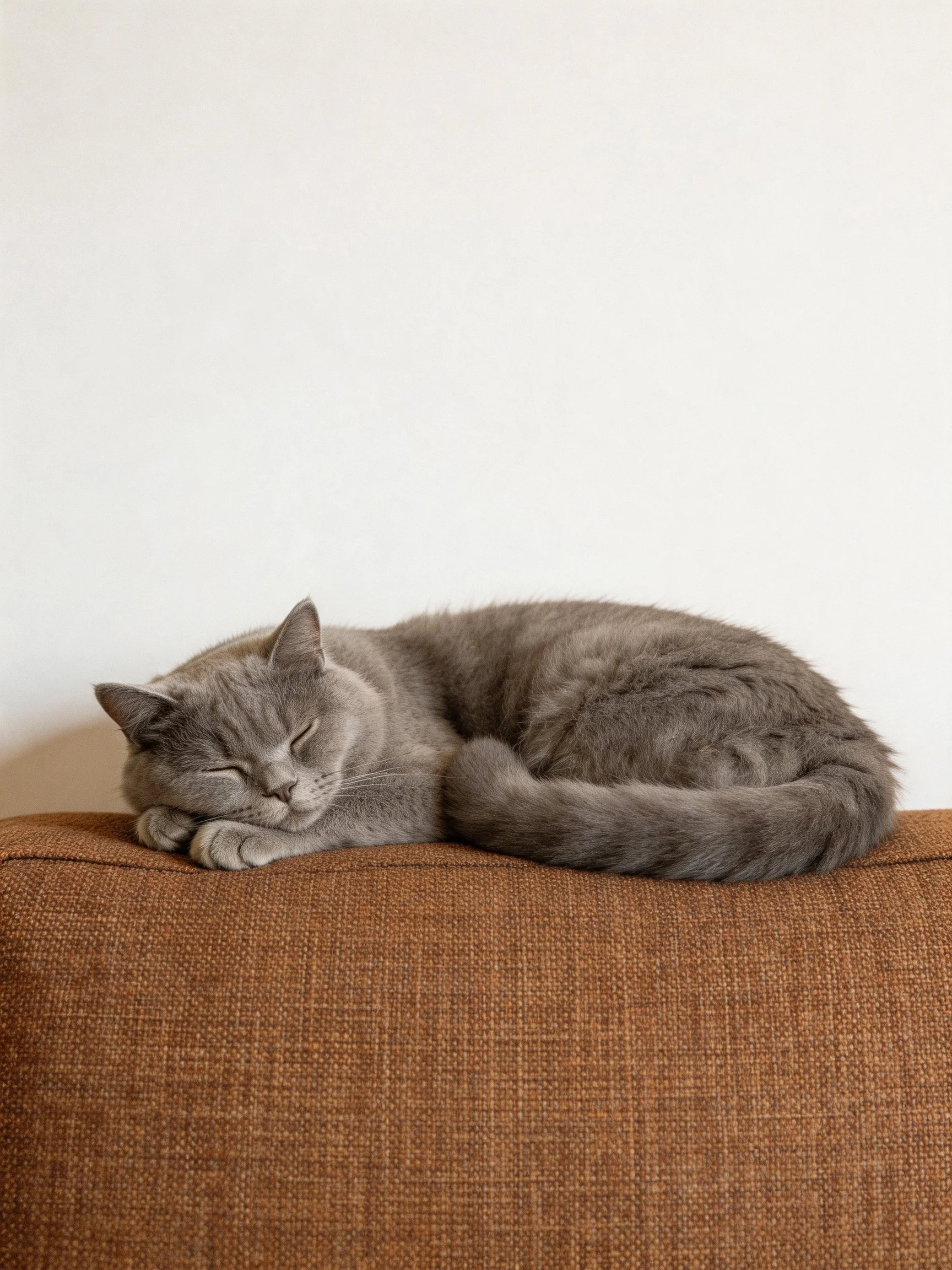 A gray cat curled up sleeping on a brown fabric couch
