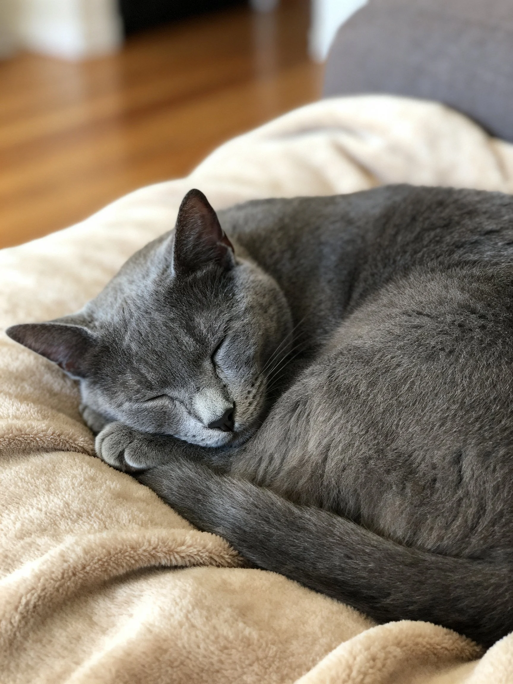 A gray cat curled up sleeping on a soft beige blanket
