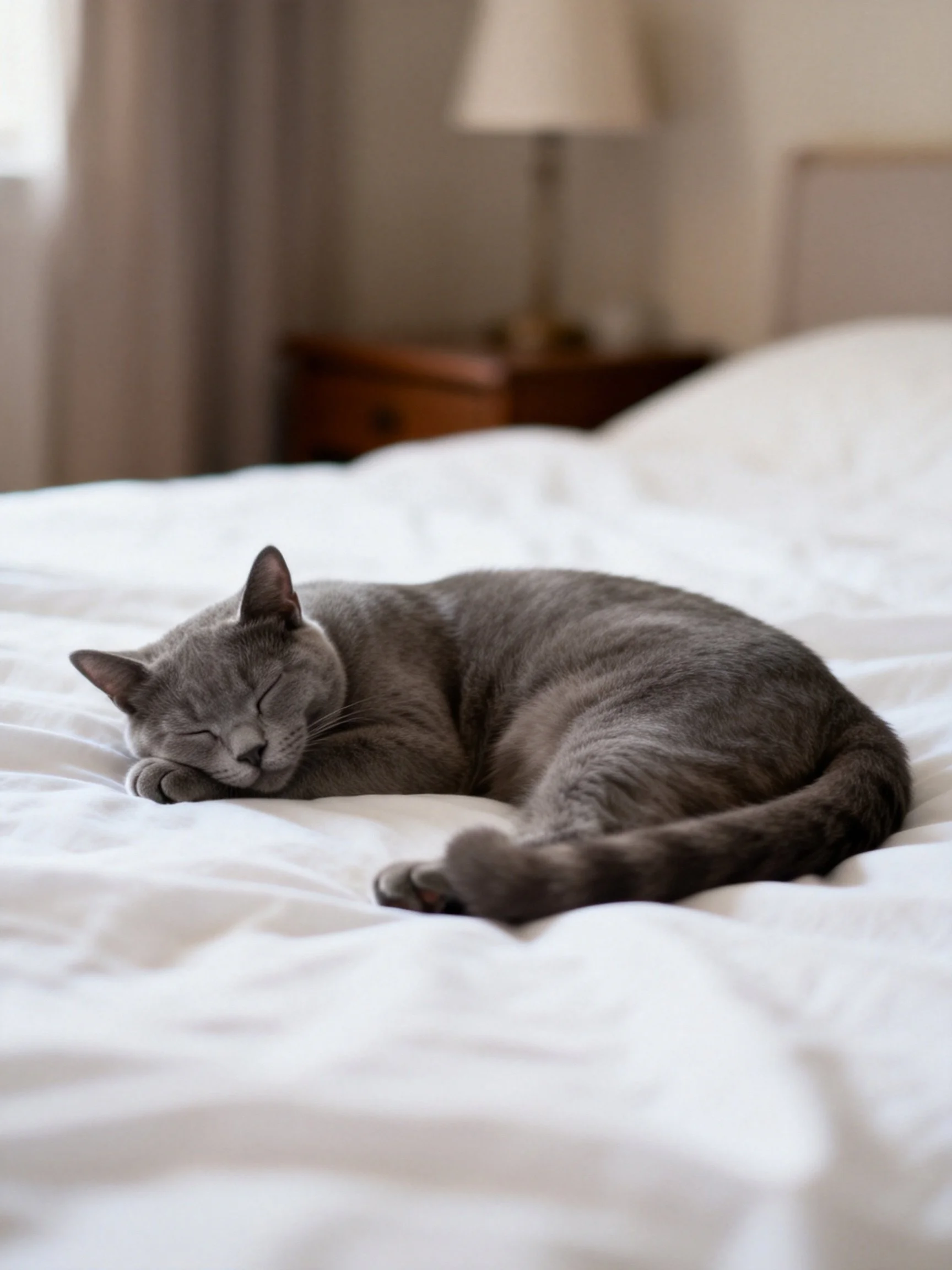 A gray cat curls up asleep on a white bed in a softly lit bedroom