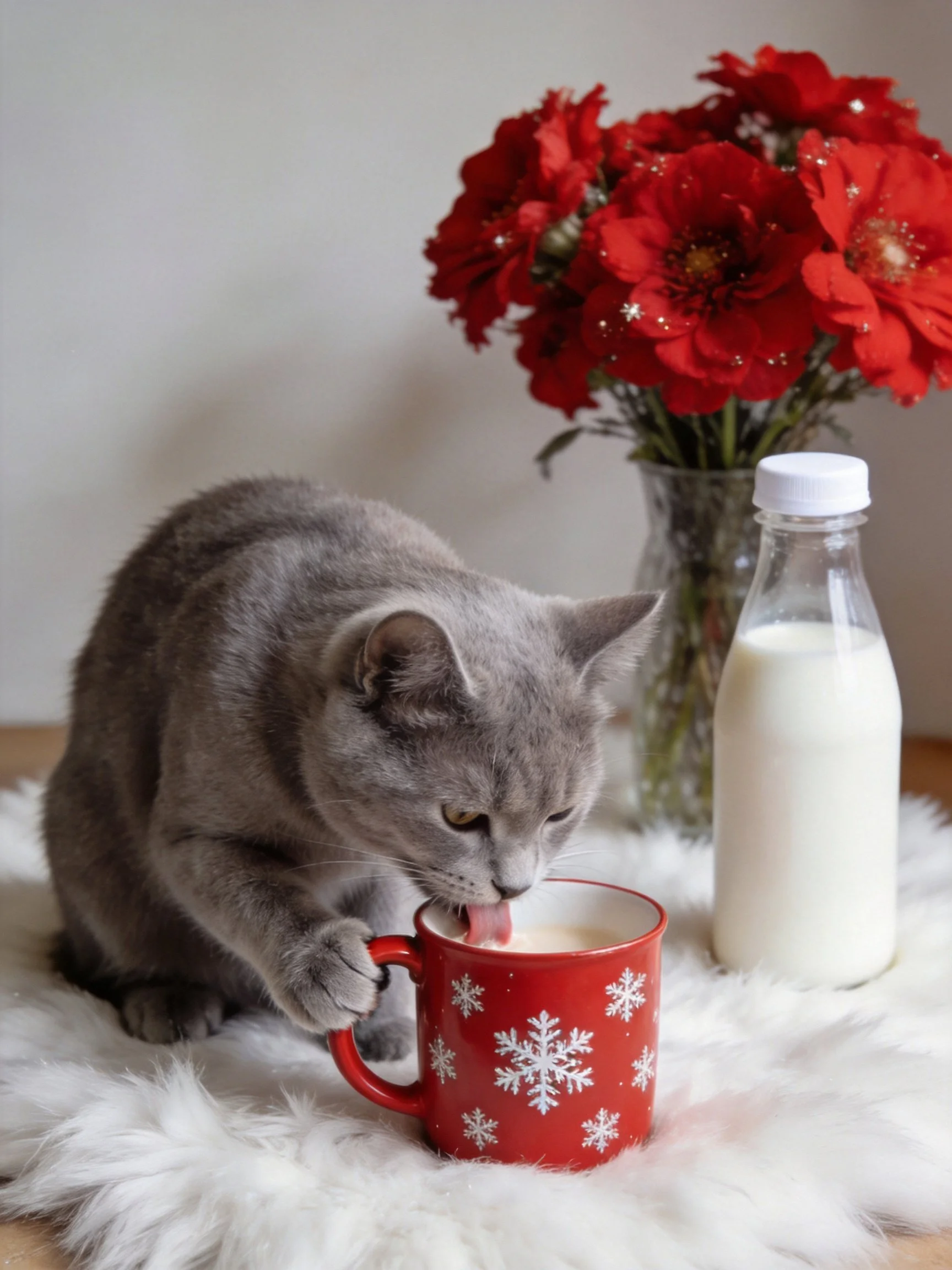 A gray cat drinks from a red snowflake mug near red flowers