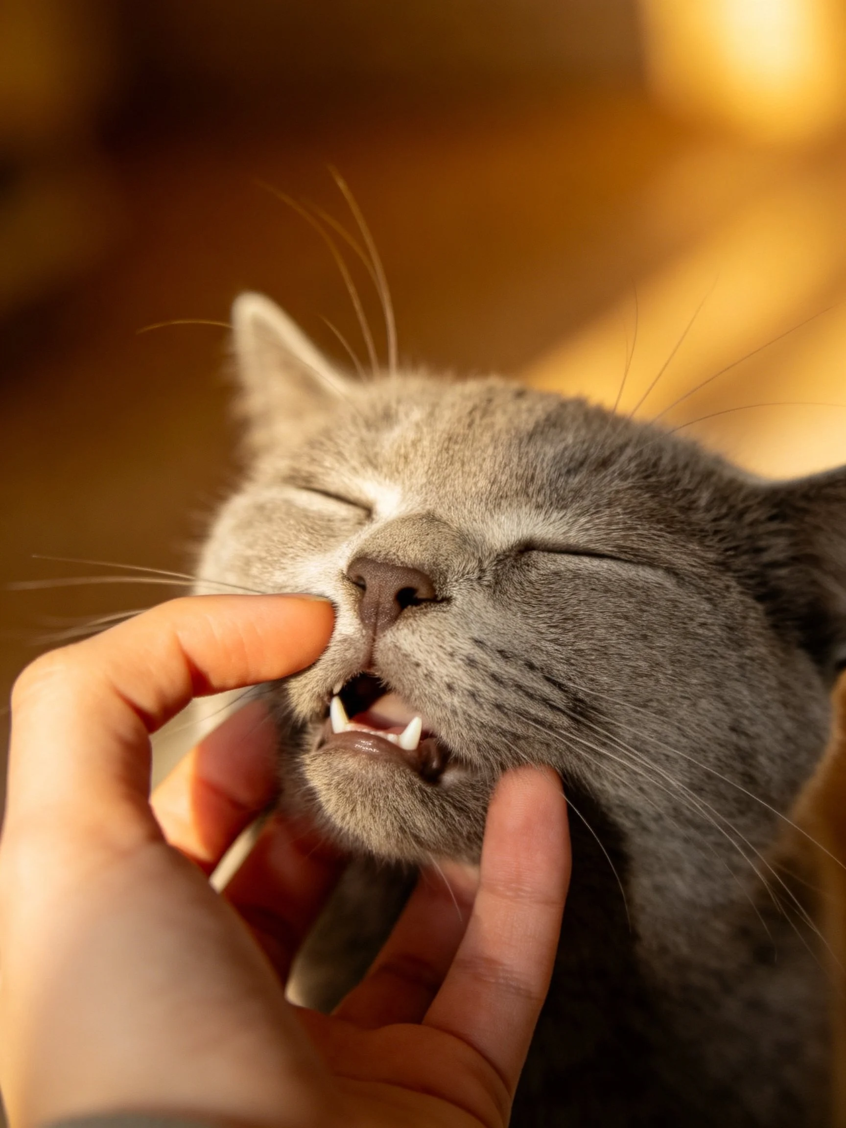 A gray cat enjoys gentle hand petting with closed eyes
