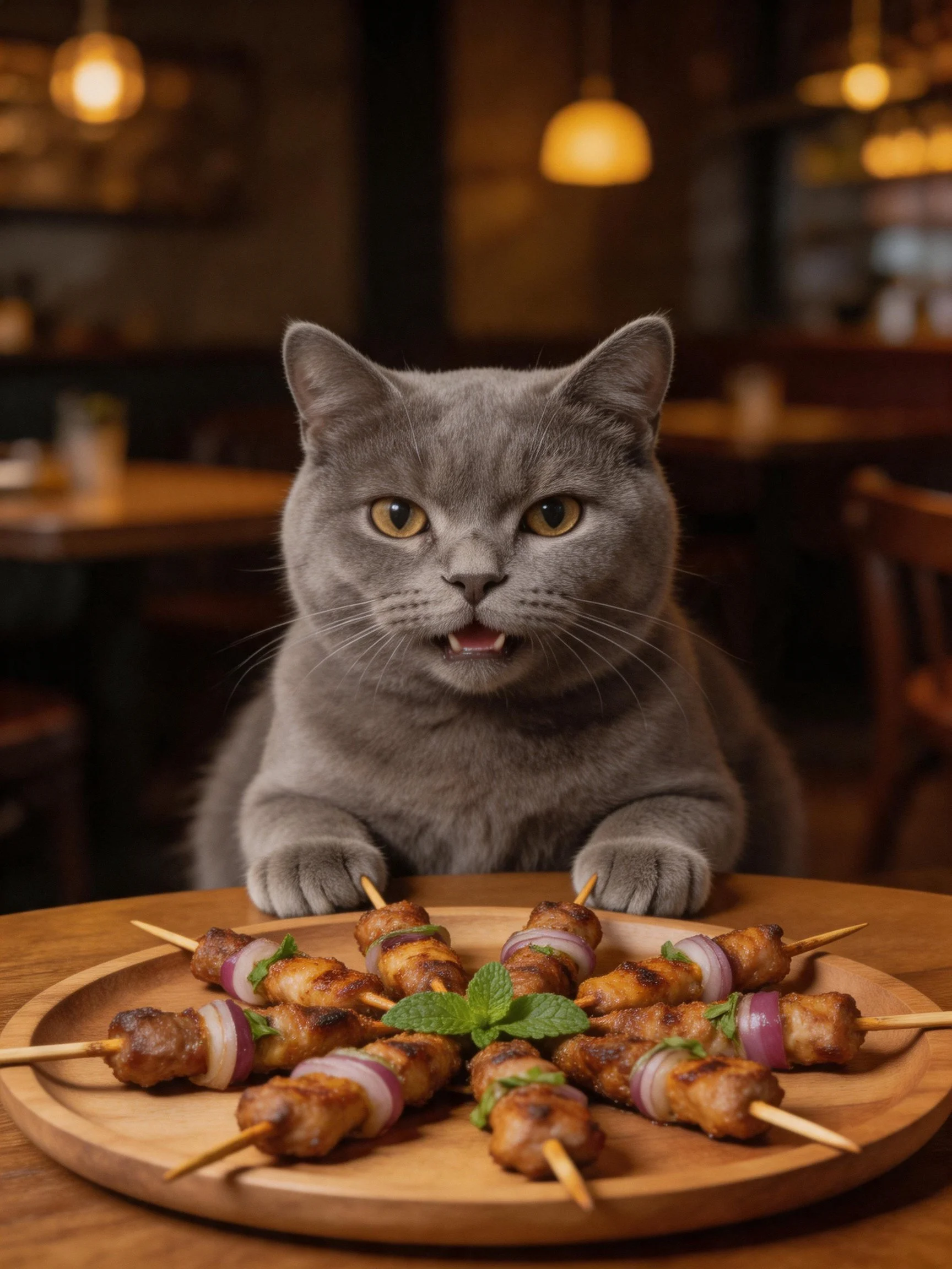 A gray cat looks at grilled meat skewers on a wooden platter