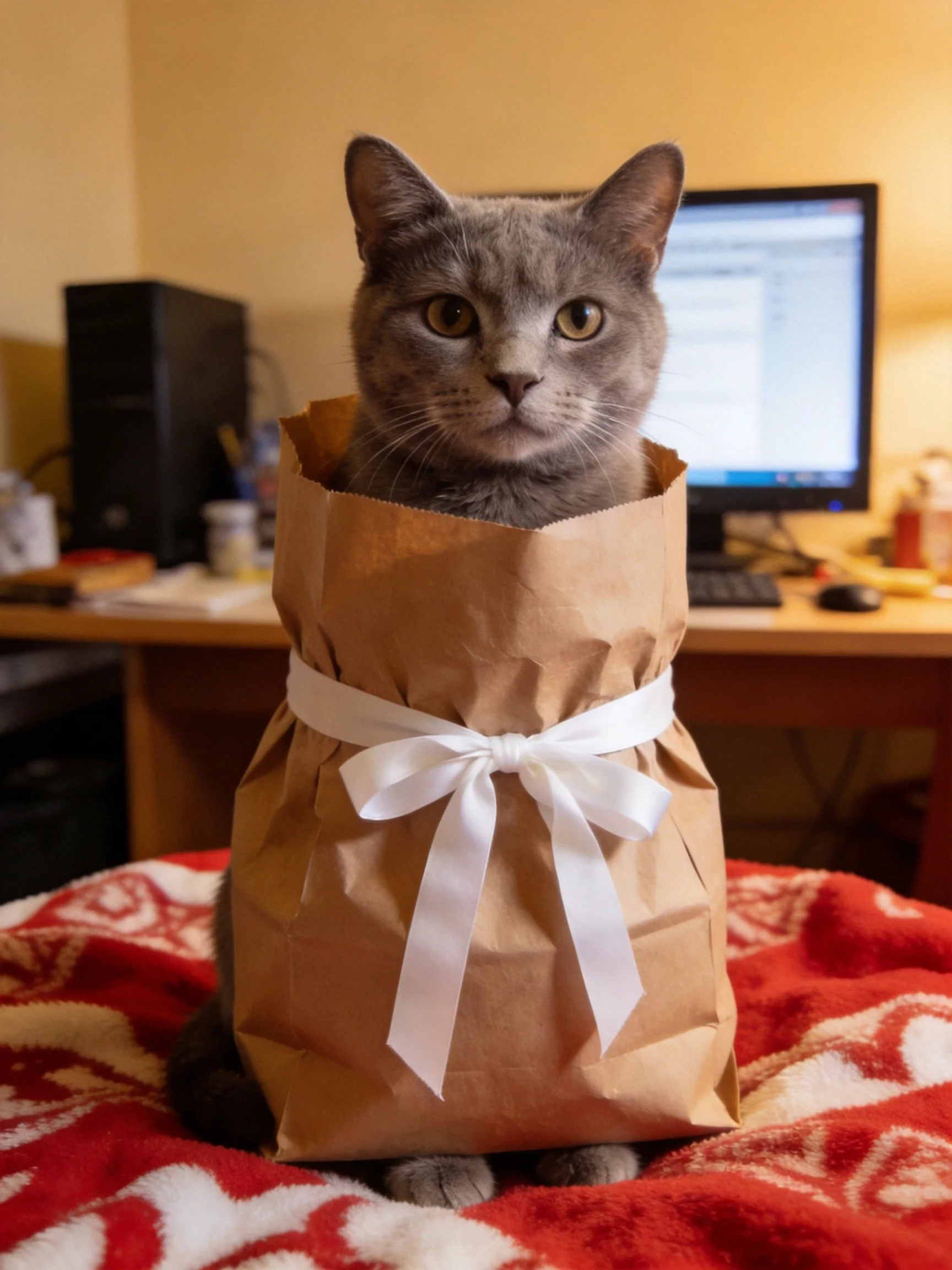 A gray cat sits in a brown paper bag on a red blanket near a computer desk