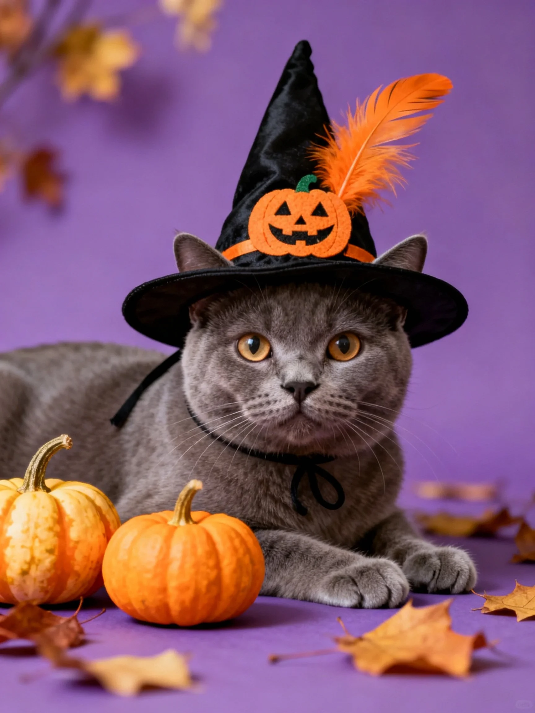 A gray cat in a witch hat with two small pumpkins