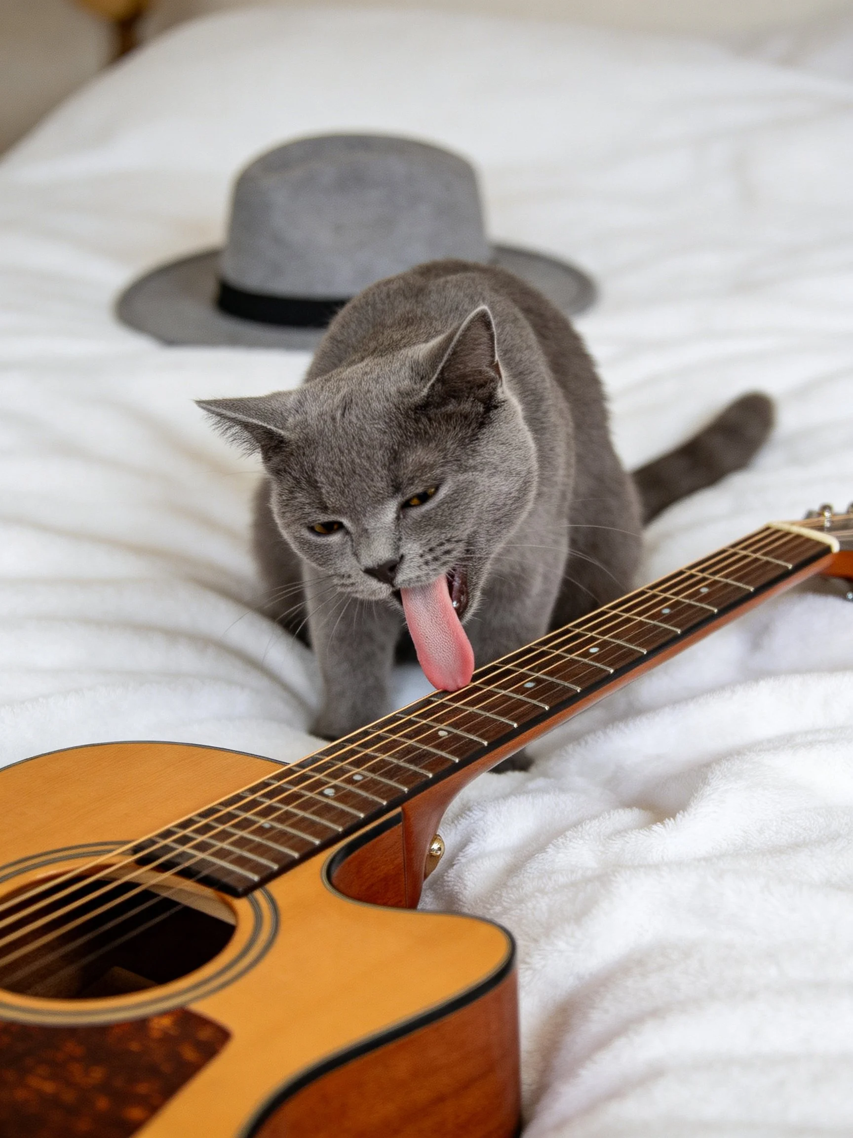 A gray cat licks a wooden guitar near a gray hat on white sheets