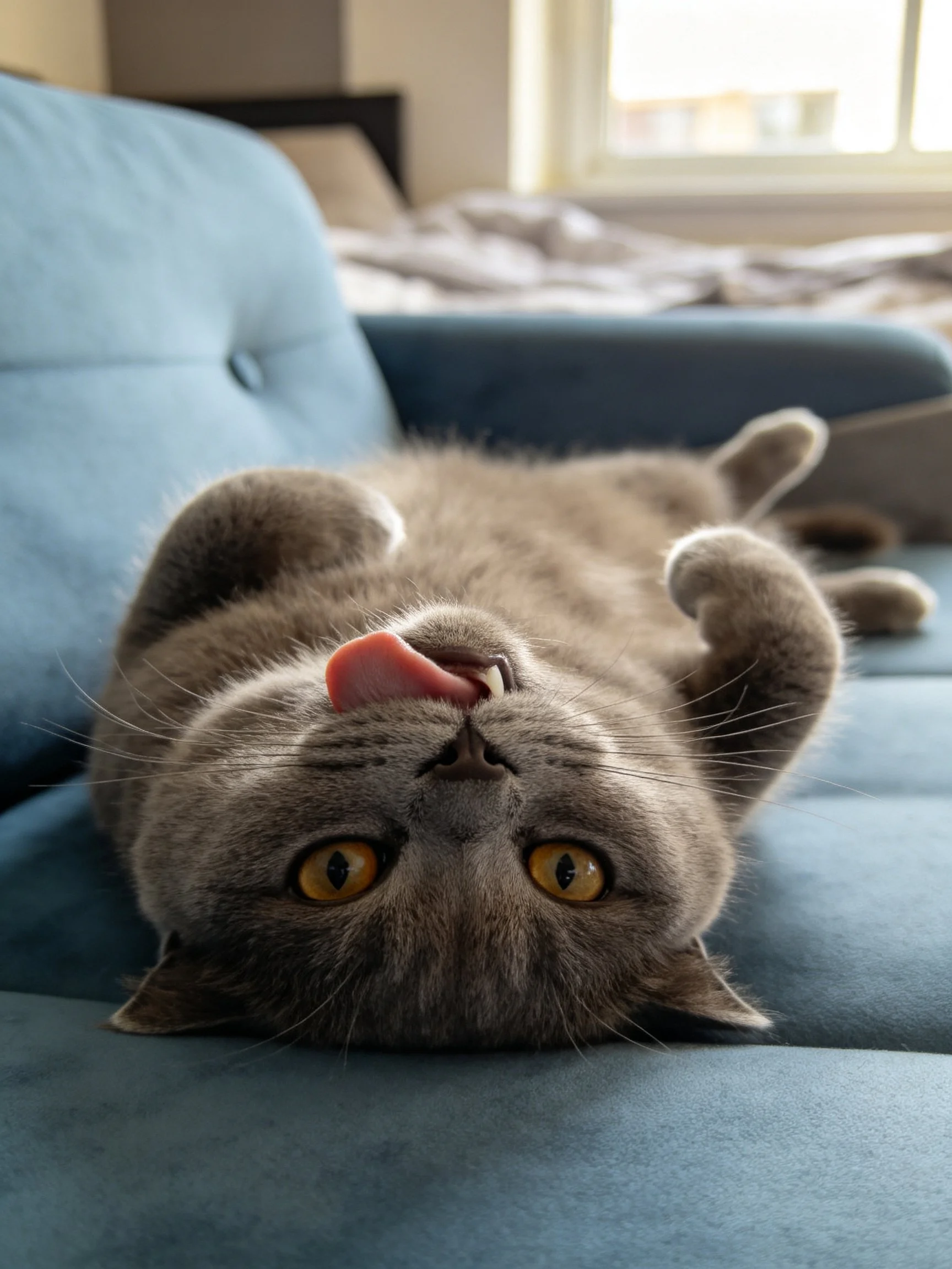 A gray cat lies upside down on a blue couch licking its nose
