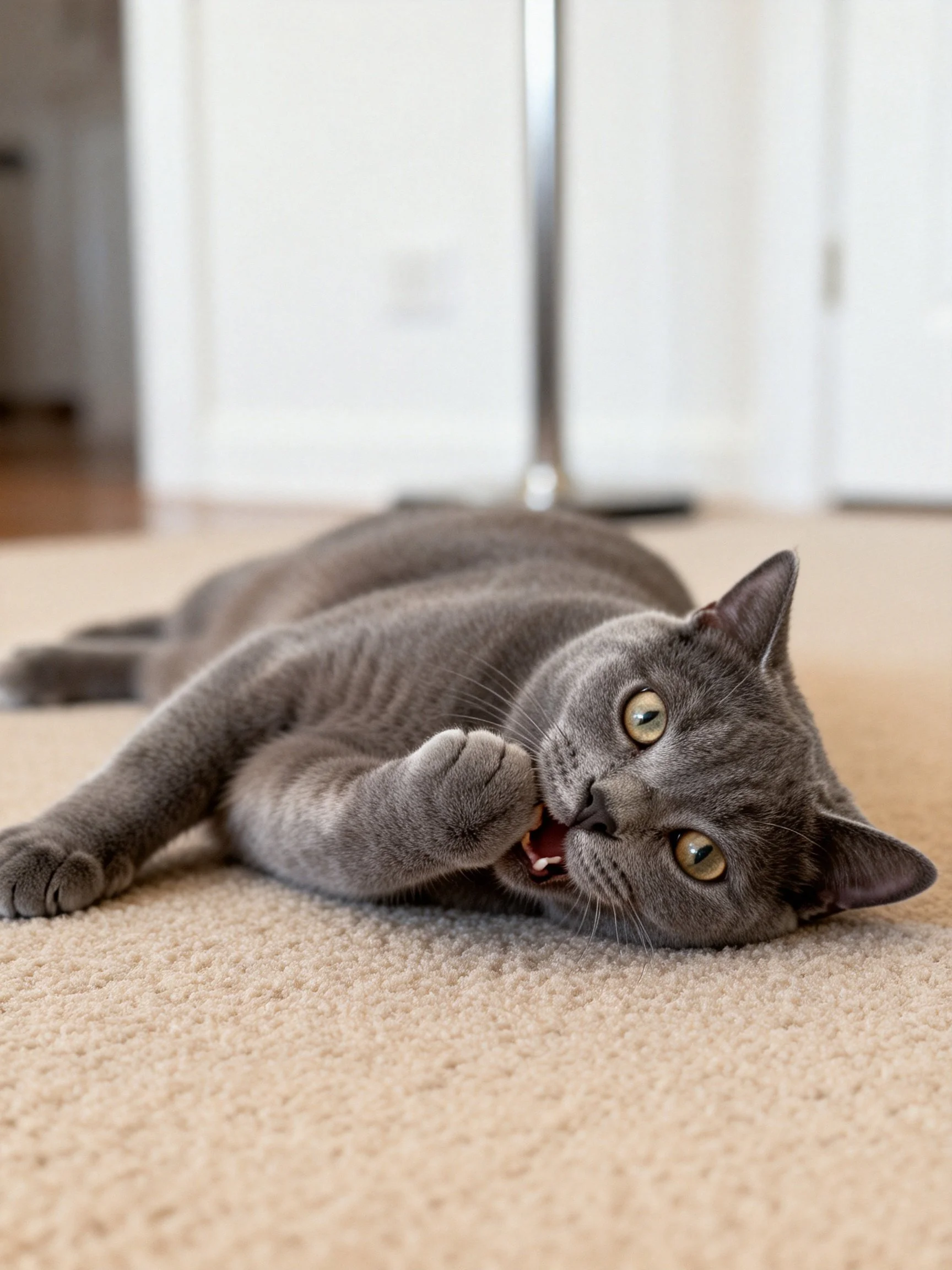 A gray cat lounges on a beige carpet, grooming its paw.