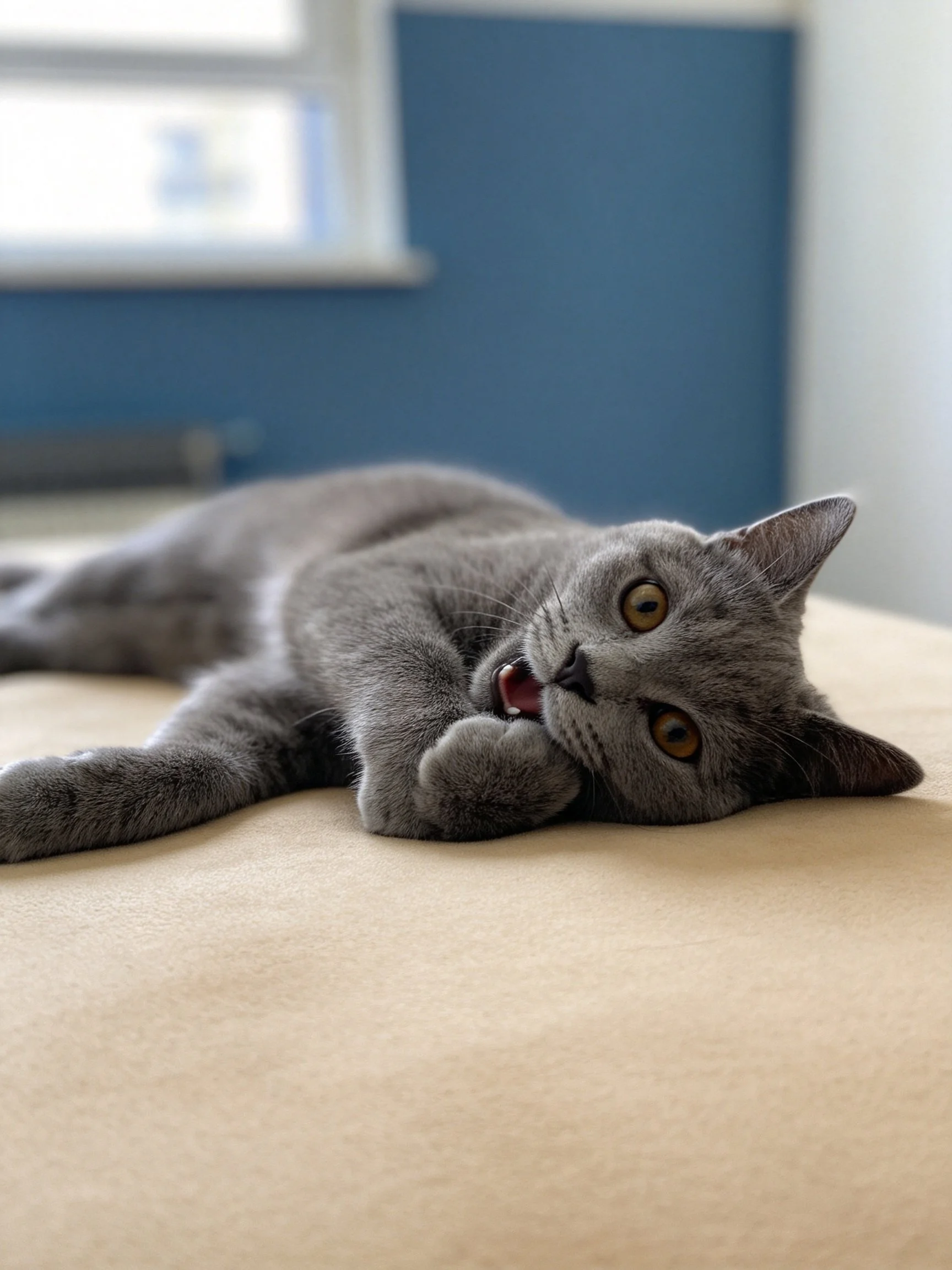 A gray cat lounges on a beige surface, grooming its paw